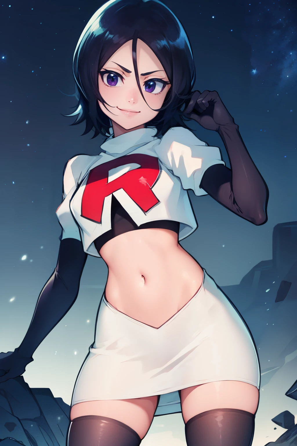 absurdres, cowboy shot, solo, male focus, trap, 1boy, crossdressing,1boy, oma kokichi, team rocket,team rocket uniform,white skirt,red letter R,crop top,black thigh-highs,black elbow gloves, evil laugh, blush