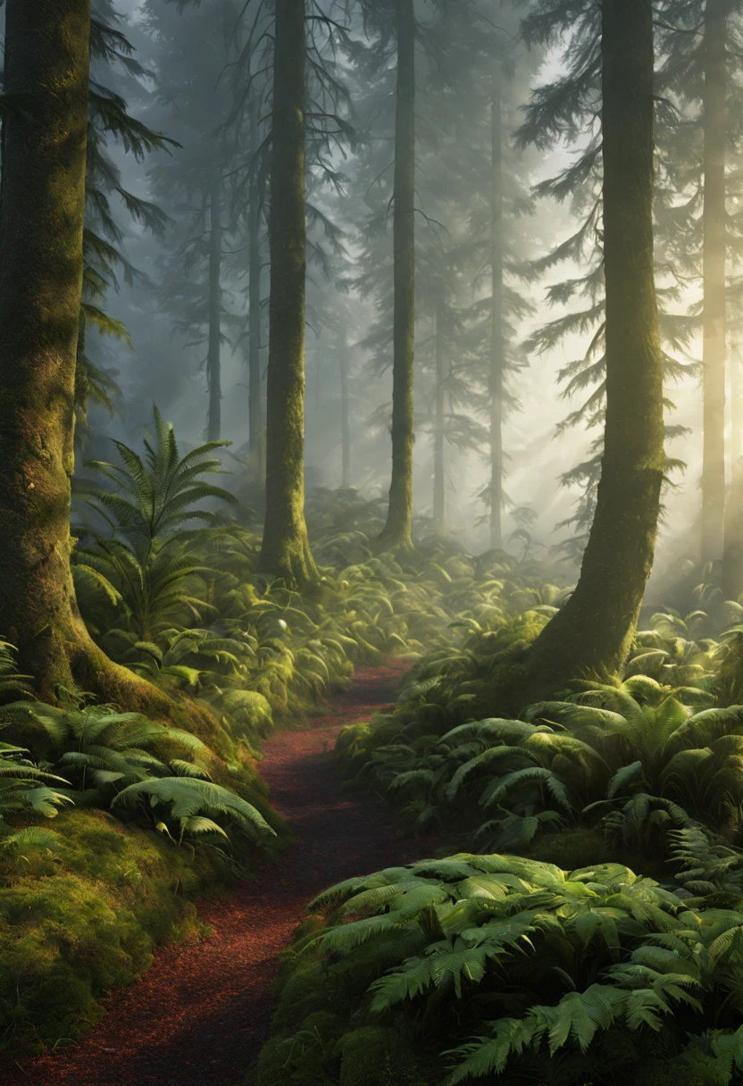 (best quality, masterpiece:1.2), ultra-detailed, (realistic, photo-realistic:1.37), misty forest at dawn, tall trees stretching towards the sky, first light breaking over distant hills, moss and ferns carpeting the forest floor, fog drifting among the trunks, natural materials, soft, subtle colors, gentle sunlight filtering through the forest canopy, peaceful atmosphere, photorealistic, 4k, 8k, highres