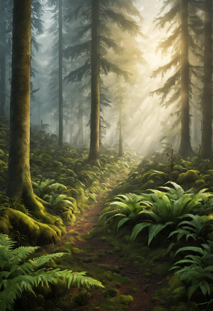 (best quality, masterpiece:1.2), ultra-detailed, (realistic, photo-realistic:1.37), misty forest at dawn, tall trees stretching towards the sky, first light breaking over distant hills, moss and ferns carpeting the forest floor, fog drifting among the trunks, natural materials, soft, subtle colors, gentle sunlight filtering through the forest canopy, peaceful atmosphere, photorealistic, 4k, 8k, highres