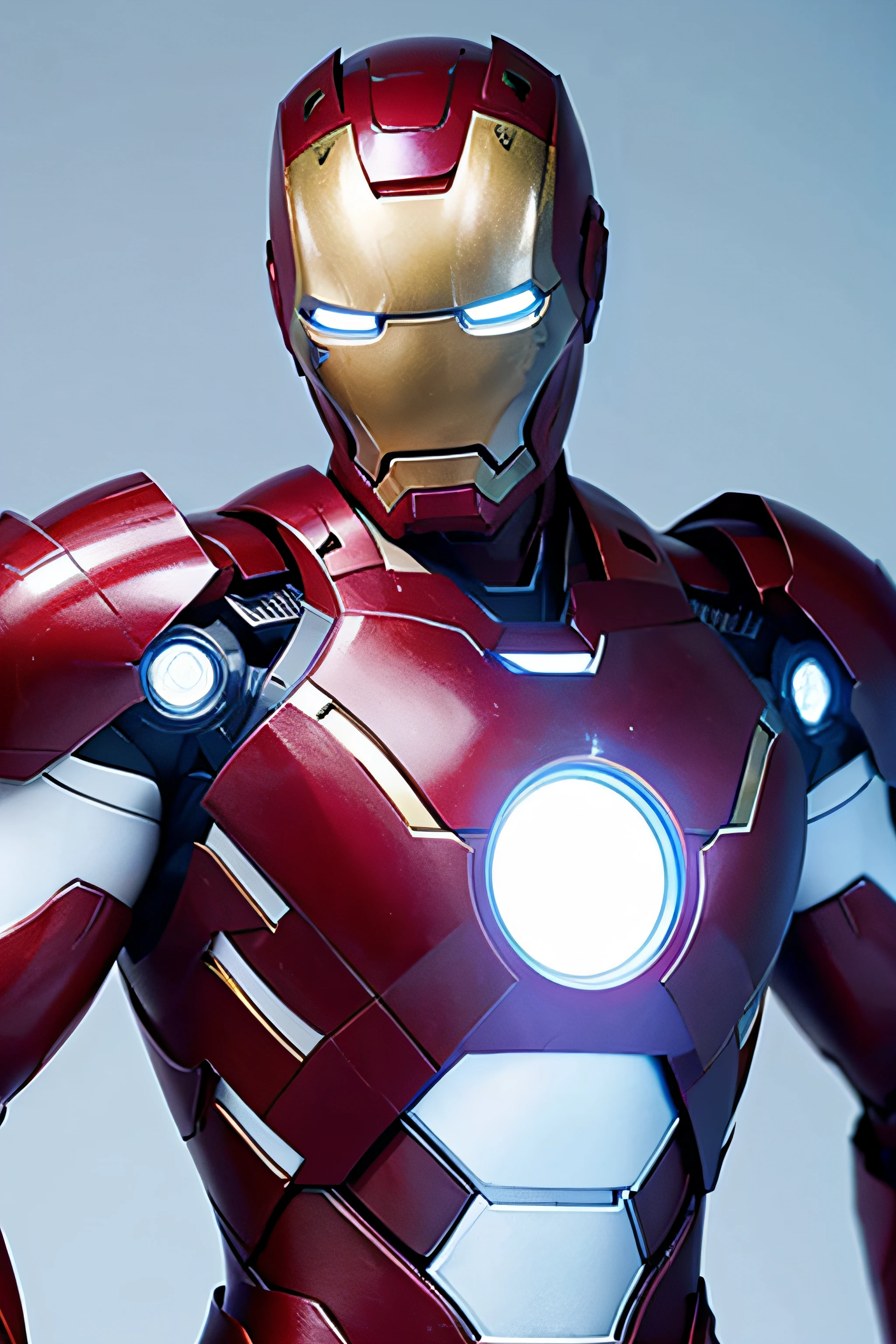 Red Iron Man has many gold and silver patterns on his body, His eyes flashed blue. Modeling in front of white background