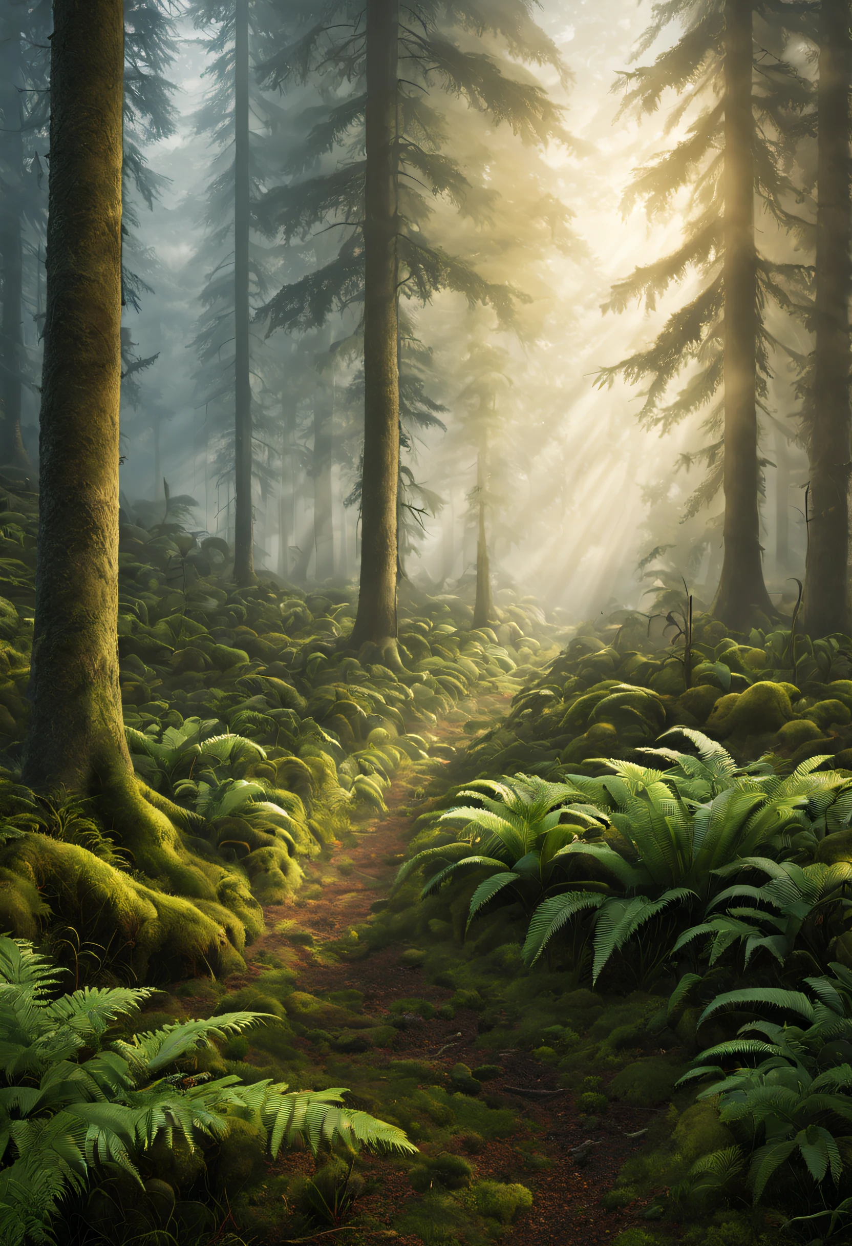 (best quality, masterpiece:1.2), ultra-detailed, (realistic, photo-realistic:1.37), misty forest at dawn, tall trees stretching towards the sky, first light breaking over distant hills, moss and ferns carpeting the forest floor, fog drifting among the trunks, natural materials, soft, subtle colors, gentle sunlight filtering through the forest canopy, peaceful atmosphere, photorealistic, 4k, 8k, highres