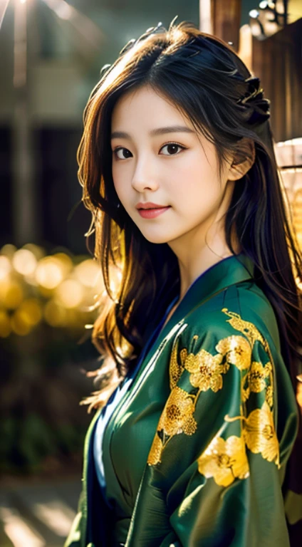 Stunning Kim Jisoo, dark green kimono, shining golden flowers in her hair, beautiful, magical, volumetric light, detailed, Rembrandt lighting bokeh