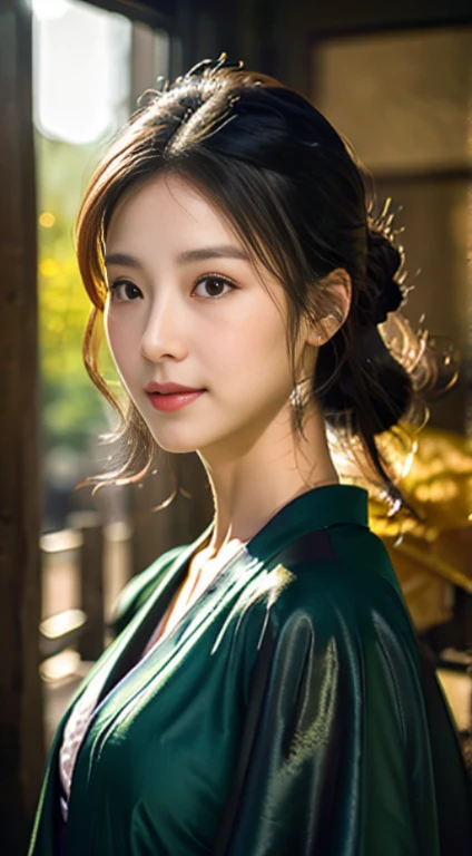 Stunning Kim Jisoo, dark green kimono, shining golden flowers in her hair, beautiful, magical, volumetric light, detailed, Rembrandt lighting bokeh