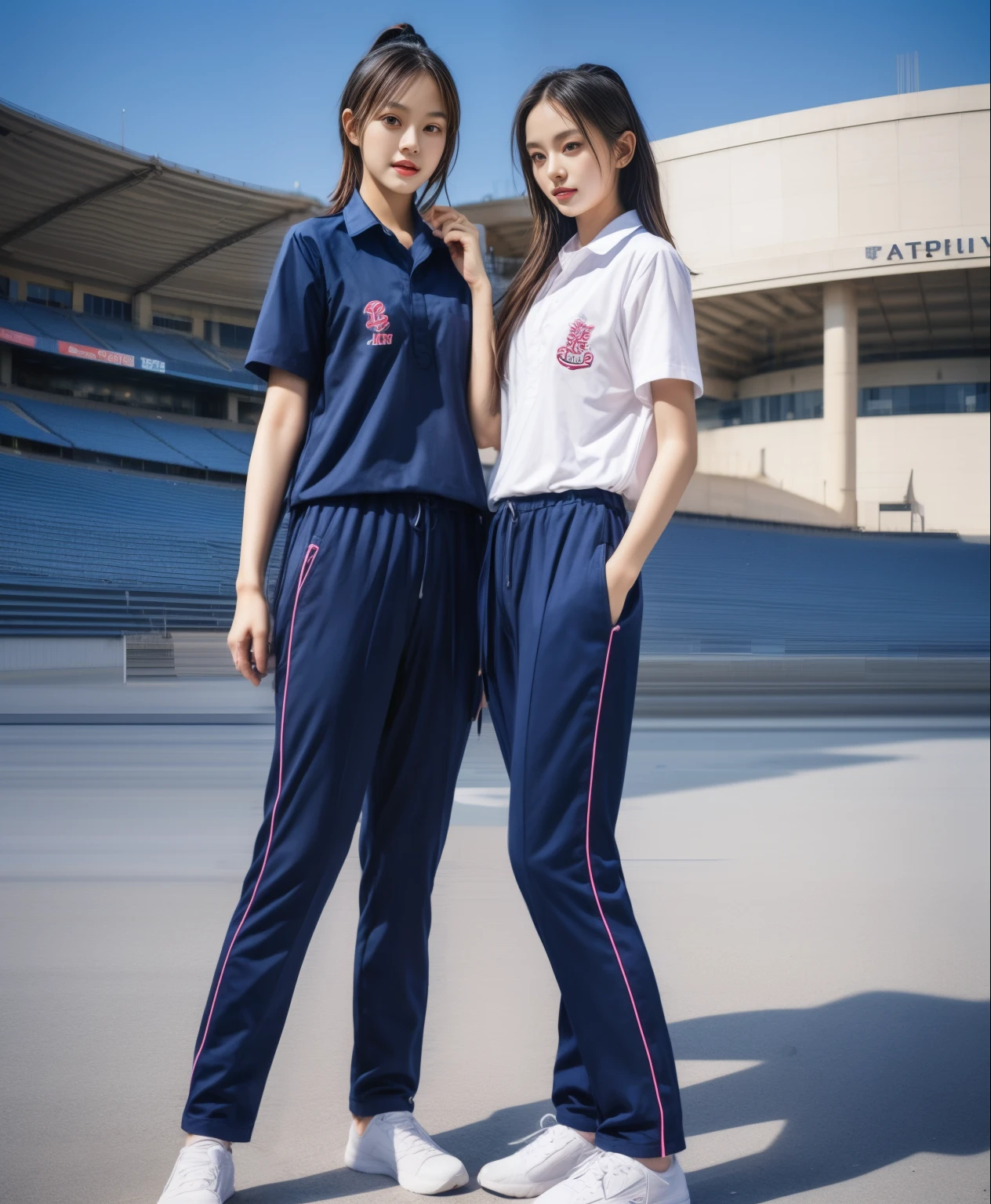 (bestquality,10,10,highres,masterpiece:1.2),ultra-detail,(Realistic,photorealistic portrait,photo-realistic:1.37),1 Cute girl in the football field,oily shiny skin,bara,light smile,BDclothelue shirt:1.3)),short sleeves,shirt, trousers.,(navy_long_Pants Track:1.1), ((Stadium Background:1.3)),dynamic angle,excited,face focus,Dynamic Poses,from behide,Ass Focus,masterpiece, bestquality, ultra realistic, hyper-detail, 8k resolution, RAW photo, crisp focus, ((Navy blue shirt:1.1)), short sleeves, Long Path, Perfect body, 2 mature women, 18yo, cinematic light,Blue sweatpants,Gymware,Correct anatomy,Complete body, Correct body, sharp face, Anatomically correct body, full entire body, Realistic gestures, long-haired, Realistic poses,Wear long shorts..............................,Long leg span,Shapely,Sculpting Girl, Slender Figure, mannequin mannequins, Shapely, Beautiful body,Blue sweatpants, Two girls kissing