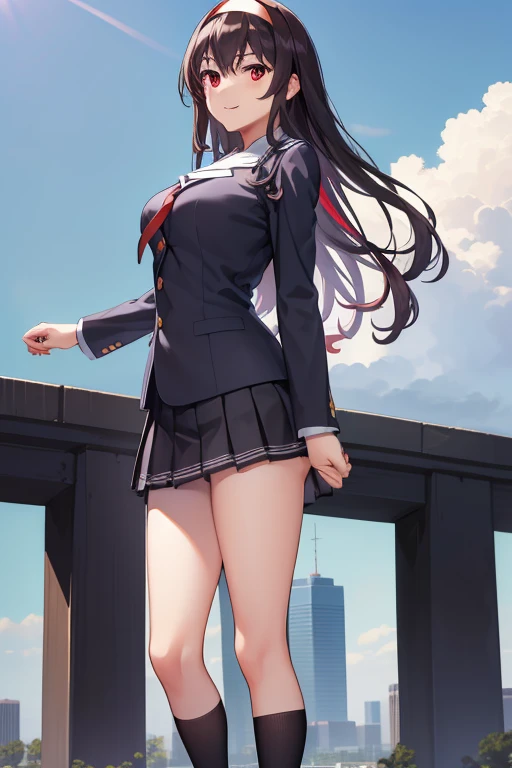 A beautiful 20 year old girl in uniform posing on a ledge with her hands on her hips, anime girl, military hat, red puffy miniskirt, white blazer, white stockings, big round breasts, white panties, standing, blue sky, dark brown hair, long red bangs, french braid, long hair, wavy hair, shiny hair, hairclip, hair ribbon, aqua eyes, glowing eyes, pupils sparkling, earrings, blush, puckered lips, confused, red lips, high detail, anime, anime style, depth of field, dithering, image fill, from the front, from below, from side, perspective, lens flare, Wide-Angle, f/1.8, 85mm, Nikon, 8k, super detail, UHD, retina, masterpiece, accurate, anatomically correct, textured skin, best quality, highres, 16k