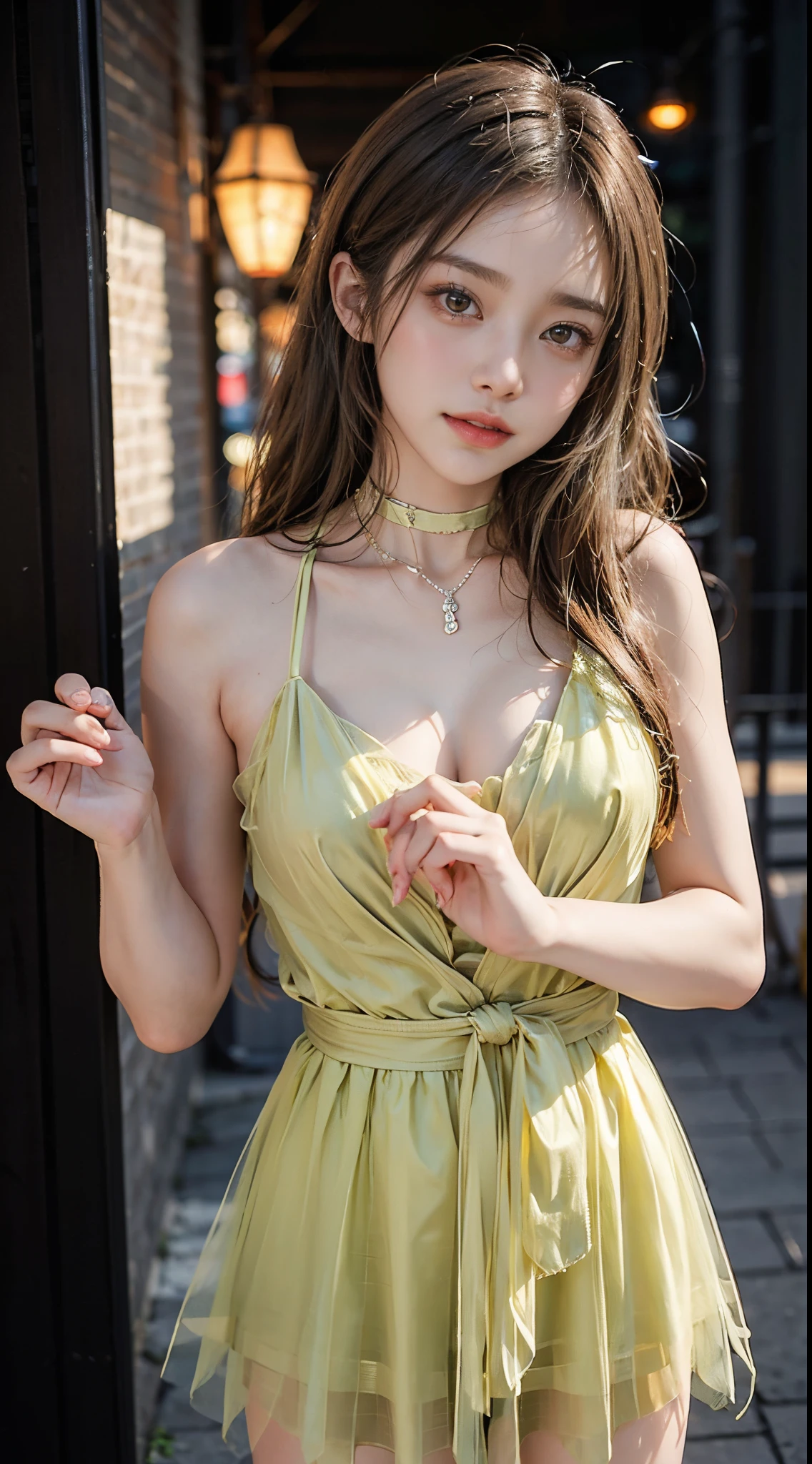 Sweet girl clothes9,yellow dress,, zydG, ((cowboy shot)), Asian female model, A young and beautiful girl, Pose gracefully, Attractive pose, high and cold, Blonde hair, curlies, Long messy hair, 美丽细致的眼睛, A plump chest, slim toned body, closeup cleavage, warmly lit, Warm color palette, tmasterpiece, Best quality, offcial art, rich details​, Clear face, profesional lighting, フォトンマッピング, physically-based renderingt, 耳Nipple Ring, choker necklace, light make-up