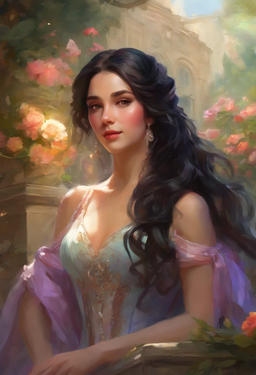A woman with ((long black hair)), 18 years old, sexy body, wearing a dress with colorful layers and a full skirt, ((Victorian Era)), ((Half Body Shot)), in the background, Versailles garden in France, ((Victorian Era decor)), Daeni Pin style, [Daniel F. Gerhartz style::0.5], UHD image, rental, 8k, photorealistic, epic lighting, sharp, realistic, romantic, focus