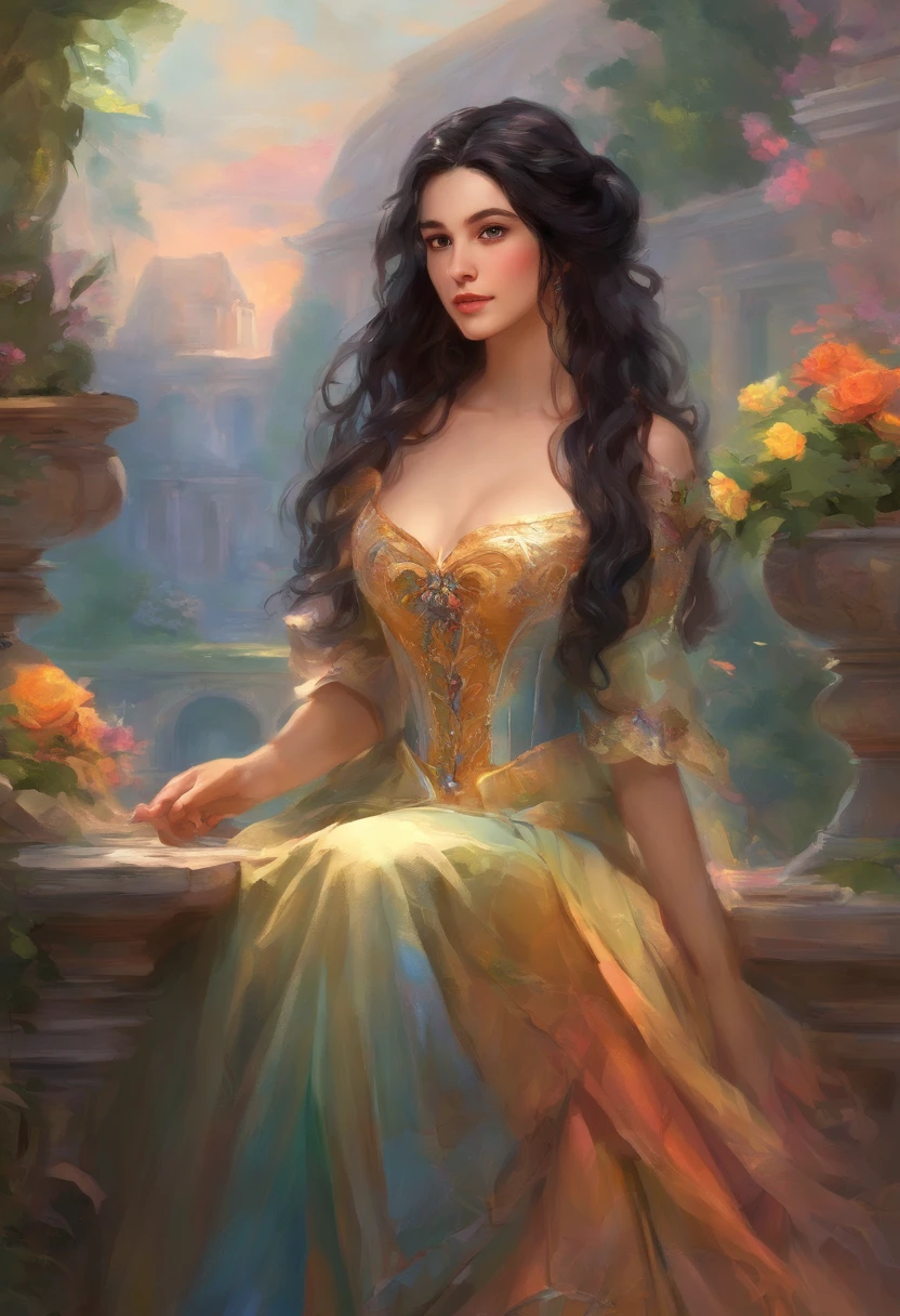 A woman with ((long black hair)), 18 years old, sexy body, wearing a dress with colorful layers and a full skirt, ((Victorian Era)), ((Half Body Shot)), in the background, Versailles garden in France, ((Victorian Era decor)), Daeni Pin style, [Daniel F. Gerhartz style::0.5], UHD image, rental, 8k, photorealistic, epic lighting, sharp, realistic, romantic, focus