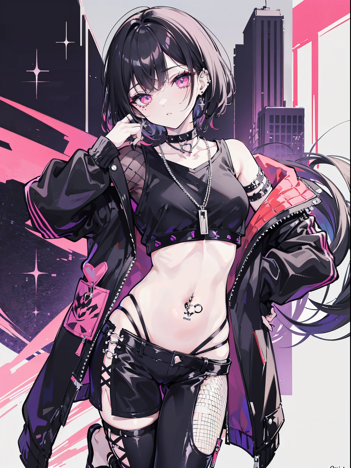 Full body, punk fashion, Crop top that exposes the navel, Black hair, Wolf Cut Hairstyle, Mesh details, piercings, choker necklace