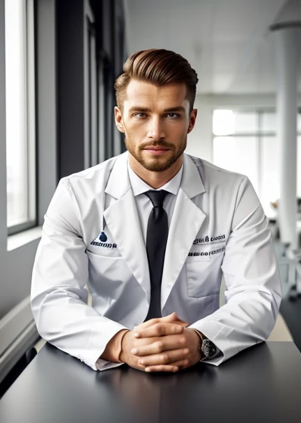 German in a white suit and tie sits at a table, Foto eines Mannes, Sitzen am Schreibtisch, Tragen eines Arztanzugs, Unternehmensfoto, gutaussehender Mann, Professional Portrait HD, He is wearing a white doctor&#39;s suit, Sitzen am Schreibtisch, ein Foto von einem Mann, Gut aussehend und attraktiv, Professionelles Profilfoto, Attraktiver Mann, Hinter dem Schreibtisch sitzen