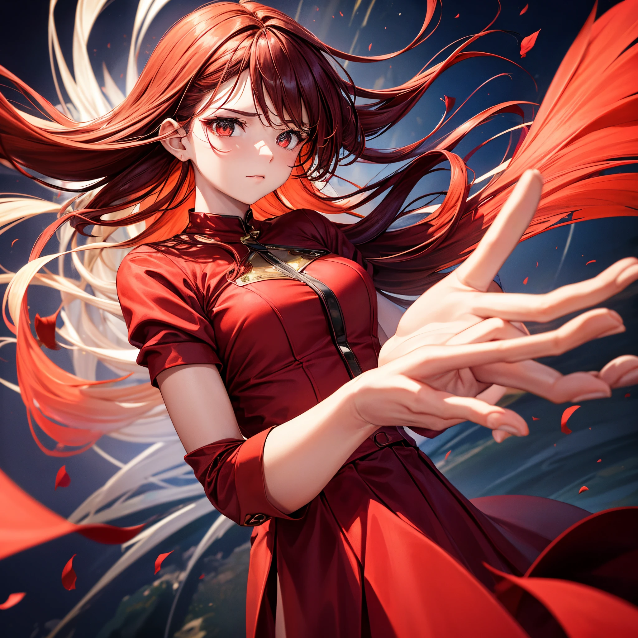 A  girl, wearing red dress, hair fluttering in the wind, hair is divided into red and black color, palms extended towards the viewer, palms cupped, a tornado spins over your palms, tornado, air vortex, holding a tornado in his palms