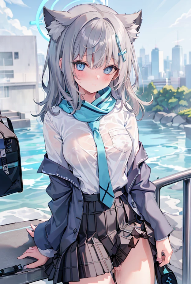1girl, solo, shiroko (blue archive), animal ears, skirt, scarf, blue eyes, jacket, shirt, white socks, socks, plaid skirt, animal ear fluff, halo, white shirt, looking at viewer, open clothes, bag, hair ornament, shoes, blue scarf, necktie, outdoors, bangs, pleated skirt, open jacket, plaid, grey hair, school uniform, railing, long sleeves, cross hair ornament, shoulder bag, shirt tucked in, blue necktie, kneehighs, black skirt, hair between eyes, extra ears, mismatched pupils, blue jacket, school bag, black bag, blazer, sneakers, striped, closed mouth, pocket, cat ears, striped scarf, fringe trim, medium hair,(((grey hair))),(((blue eyes))), (crotch rub:1.5), (table humping:1.5), (table masturbation:1.5), (panting:1.2), (blushing:1.3), (moaning:1.5), (pussy juice:1.5), (wet pussy:1.5), (table:1.5), lifting, (perfect hands, perfect anatomy),(skirt lifting:1.5), (nsfw), (white panties:1.5)