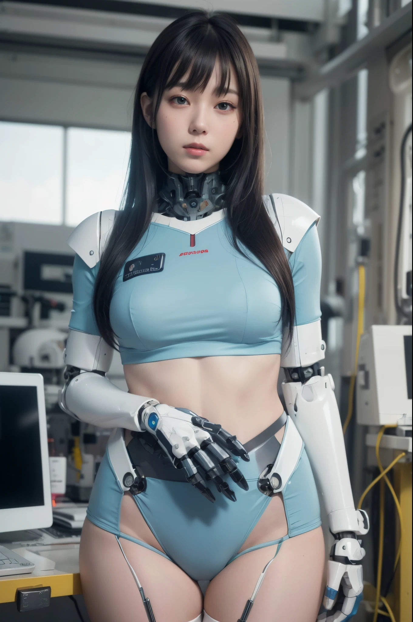 (Photorealistic:1.4), (Raw photo)masutepiece, Best Quality, Extremely detailed, (Photorealistic:1.4), (8K, 4K, Best Quality, hight resolution, 超A high resolution:1.1), 8K Portrait,1girl in, Japanese android gid,Plump , announcer,control panels,android,Droid,Mechanical Hand, ,Robot arms and legs, Black hair,Mechanical body,Blunt bangs,White Robotics Parts,perfect robot woman,Charging spot,Long Tube,A thick cable was connected to his neck.,ceramic body ,Mechanical body, mechanical ear covers,android,robot humanoid,a bit  Chubby,pantiy,complete eyes,Perfect machine body,White robot body,The laboratory of the future,android factory,mechanical ear covers,White and light blue uniform,light blue accent costume,
