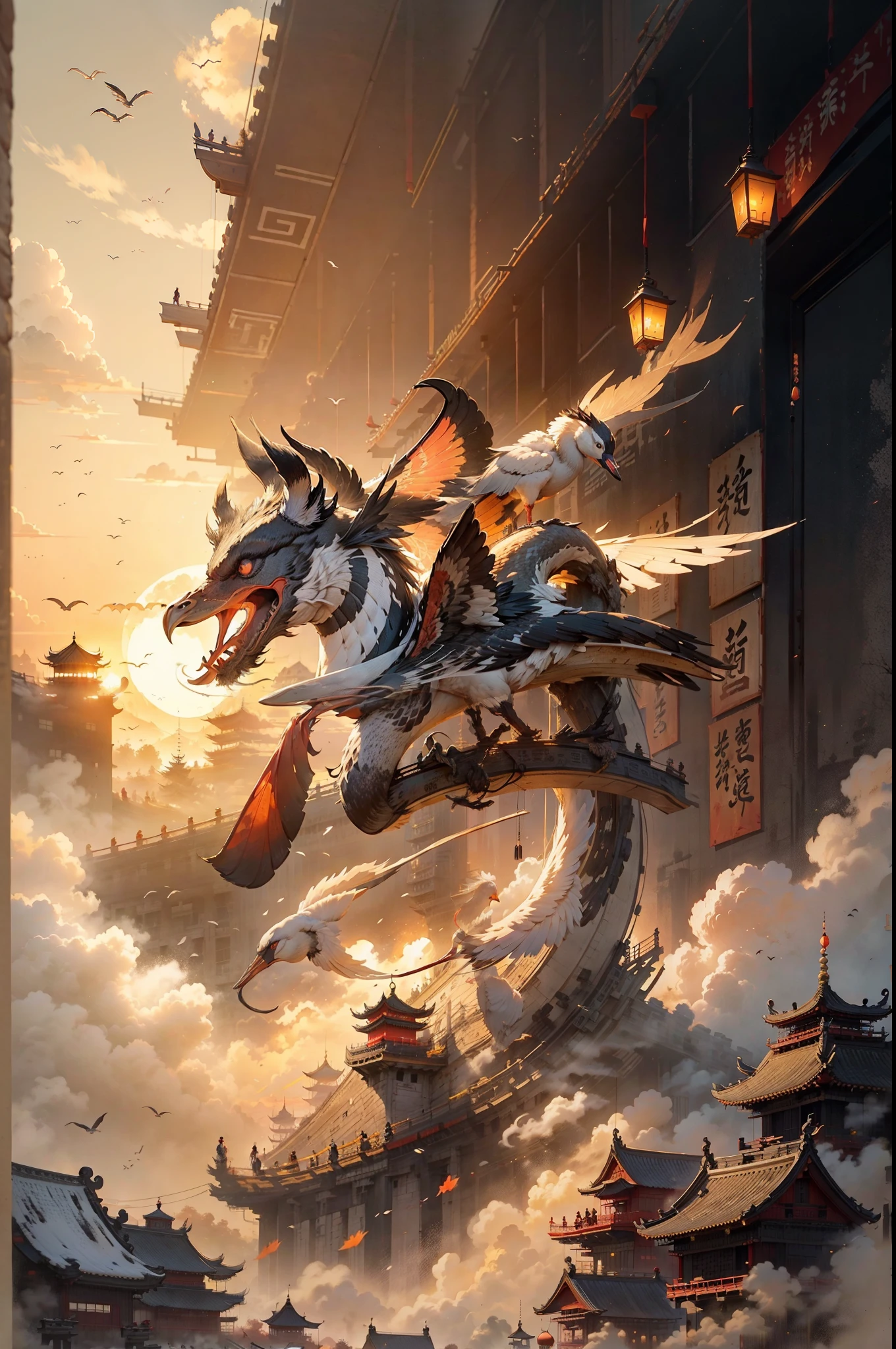 China ink painting,ink,Sunset and solitary crane flying,Autumn water remains unchanged for a long time,The beauty of ancient poetry,the setting sun,Wild geese in the sky in the distance,Ancient buildings are well-proportioned