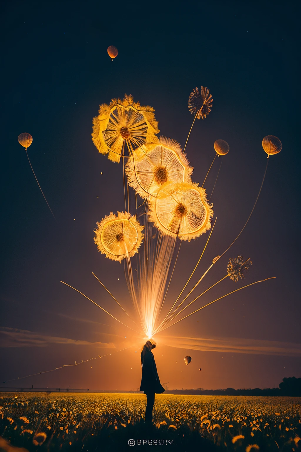 Create a blissfull artistic scene of dandelions floating in the air, resembling small hot-air balloons in a surrealistic and abstract image of a galaxy, dark fantasy, cinematic, photo
