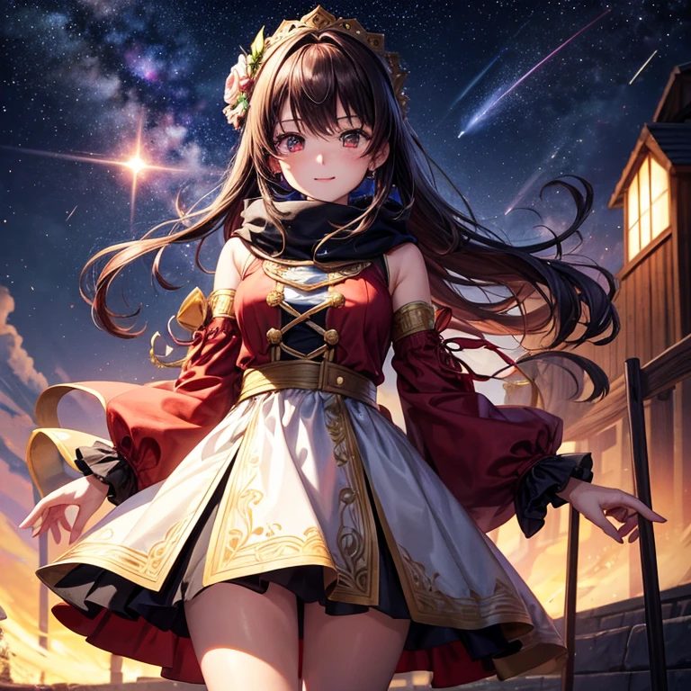 top-quality, hight resolution, 8K images,best qualtiy,hight resolution、A woman who is cute no matter who sees her、Stain cheeks red、Detailed CG background、A dark-haired, Short Bob、Absolute area、Looking at the camera、(Illustration ratio:1.1)、watch the meteor shower、Cold winter nights、muffler、Down coat、Long sleeves、hight resolution、foco nítido、A woman is happy to find a meteor