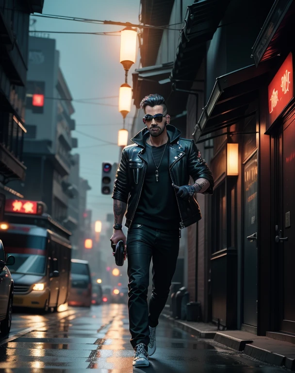 Change background cyberpunk handsome boy, realistic face, 8k, ultra realistic,body,headphone, tattoo, lightsline on background realface add