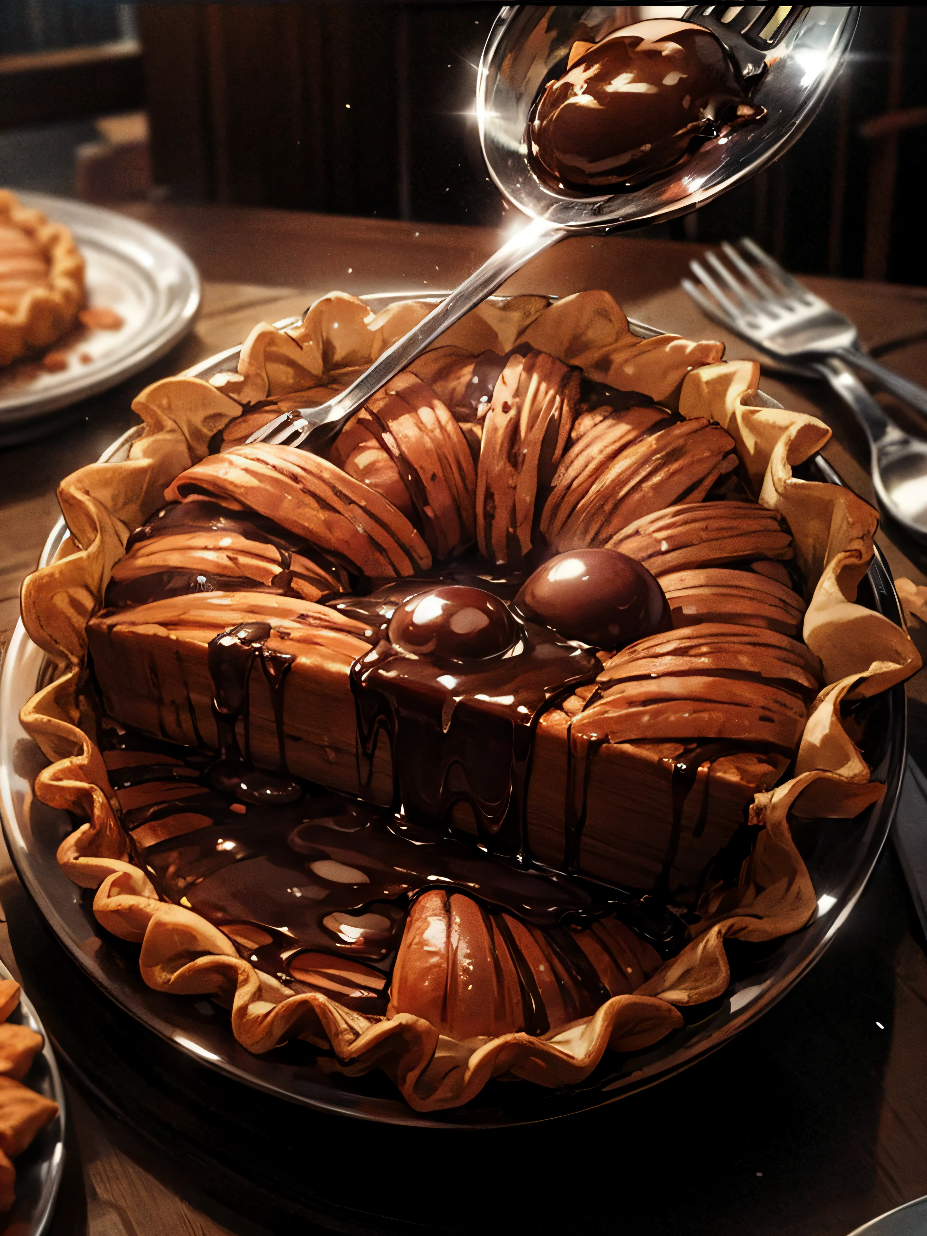 Beautiful pecan chocolate pie, Served in a beautiful silver tray, With a fork, One slice for the whole pie,Small white