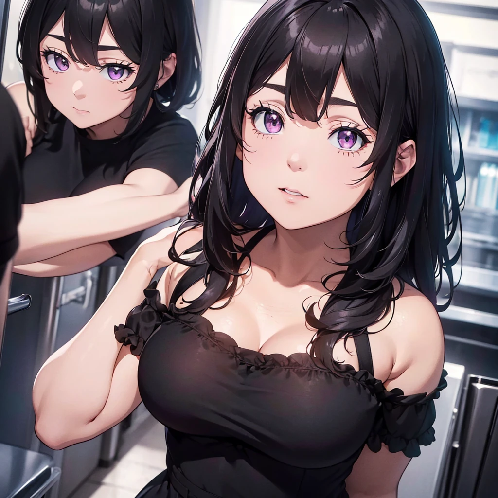 (best quality,4k,highres,masterpiece:1.2),ultra-detailed,(realistic:1.37),chubby woman, long black hair with bangs, violet eyes, full-body view, straight hair, large breasts, low-cut black dress, matte texture, detailed facial features, soft lighting, dark and mysterious background