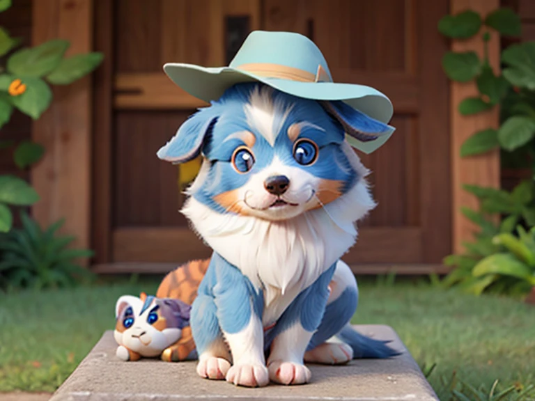 Australian shepherd blue merle puppy, odd eye, sitting in front