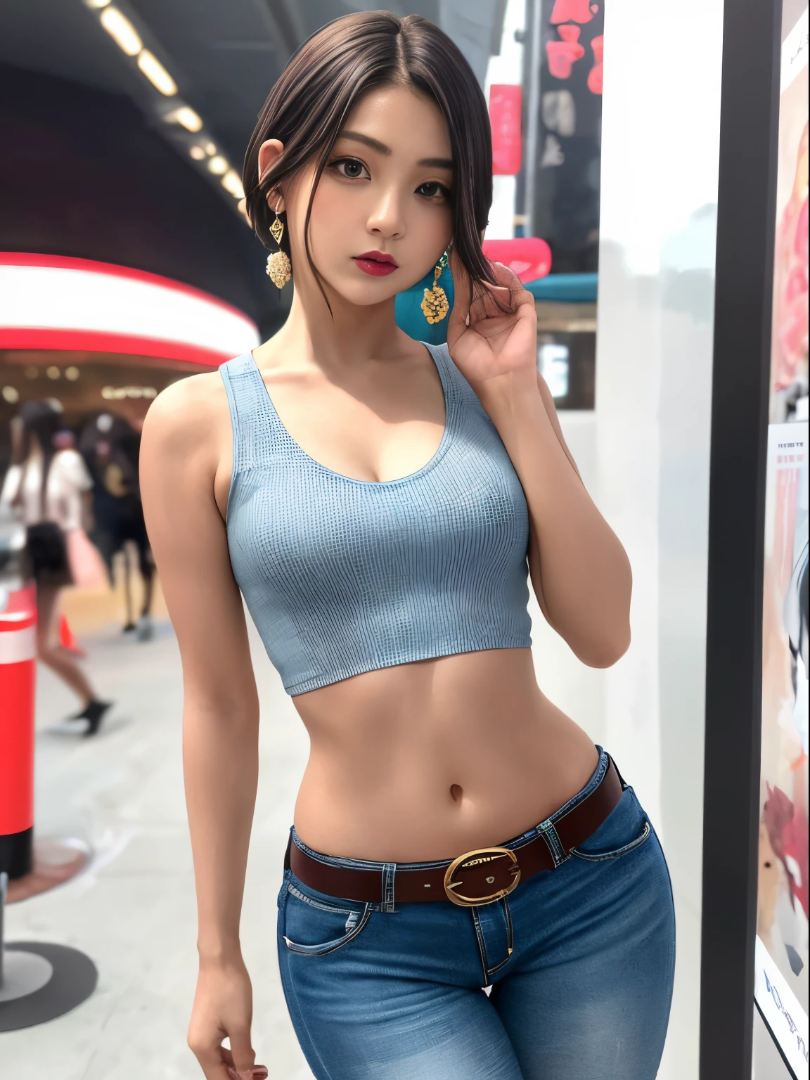 (An ultra-high picture quality:1.5、ultra-quality:1.5、Photographic:1.3)、small , masutepiece, Light makeup, Red lips, Short hair, mall background, beautiful and graceful. Ultra-fine details, Master works, Real texture, cinematic lighting realism, perfect works, 8K, High Definition, Exquisite facial features. The upper body is wearing a stretchy sports crop top, and the exposed small man's waist looks white and clean. Lower body wearing lace denim shorts, a beautiful belt, Sexy tights, and the S-shaped curved body looks very smooth. slim figure, pear-shaped body, rounded hips, slender small man's waist, sexy chest, Vest line, 鎖骨, Bright Big Eyes, , earrings, Tattoos, short and cute beautiful legs. Deep in the human, cat cherry lips. perfect waist-hip ratio