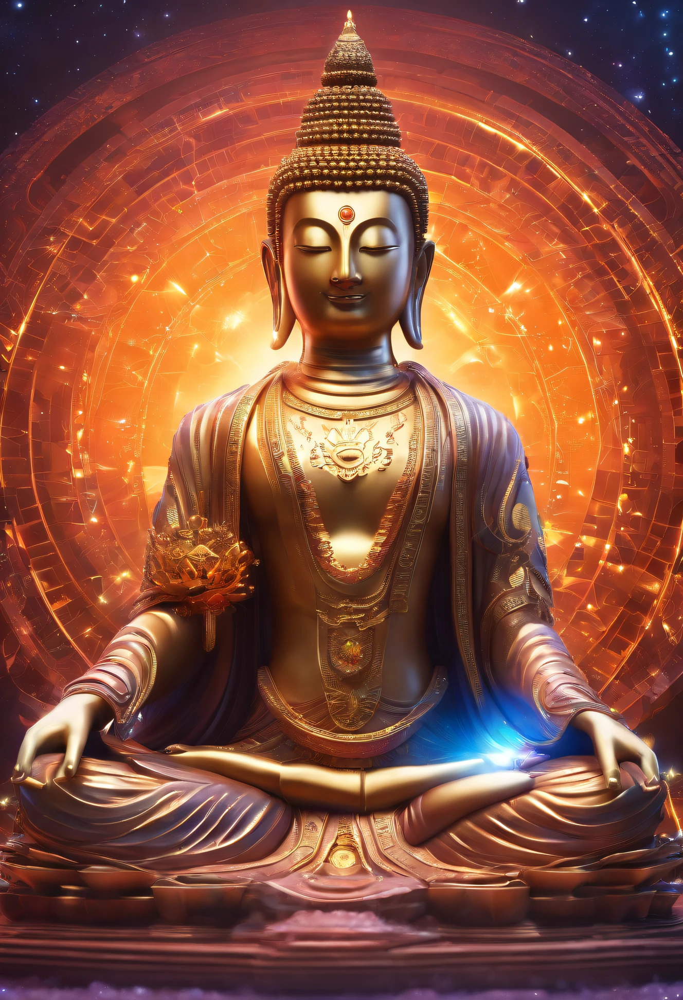 Bodhisattva meditates deep in the universe, elegant ambiance, Aurico com desenho dos chakras,galaxy aperture energy
