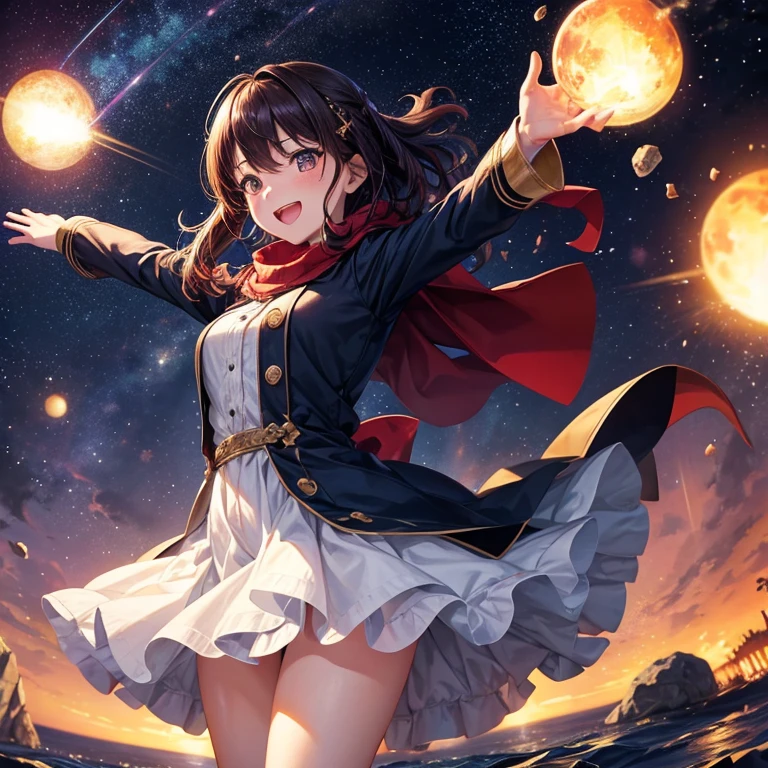 top-quality, hight resolution, 8K images,best qualtiy,hight resolution、A woman who is cute no matter who sees her、Stain cheeks red、Detailed CG background、A dark-haired, a short bob、Absolute area、(Illustration ratio:1.1)、look at the meteor shower、Winters、Waterside at night、Down coat、Long sleeves、hight resolution、foco nítido、A woman rejoices after finding a meteor