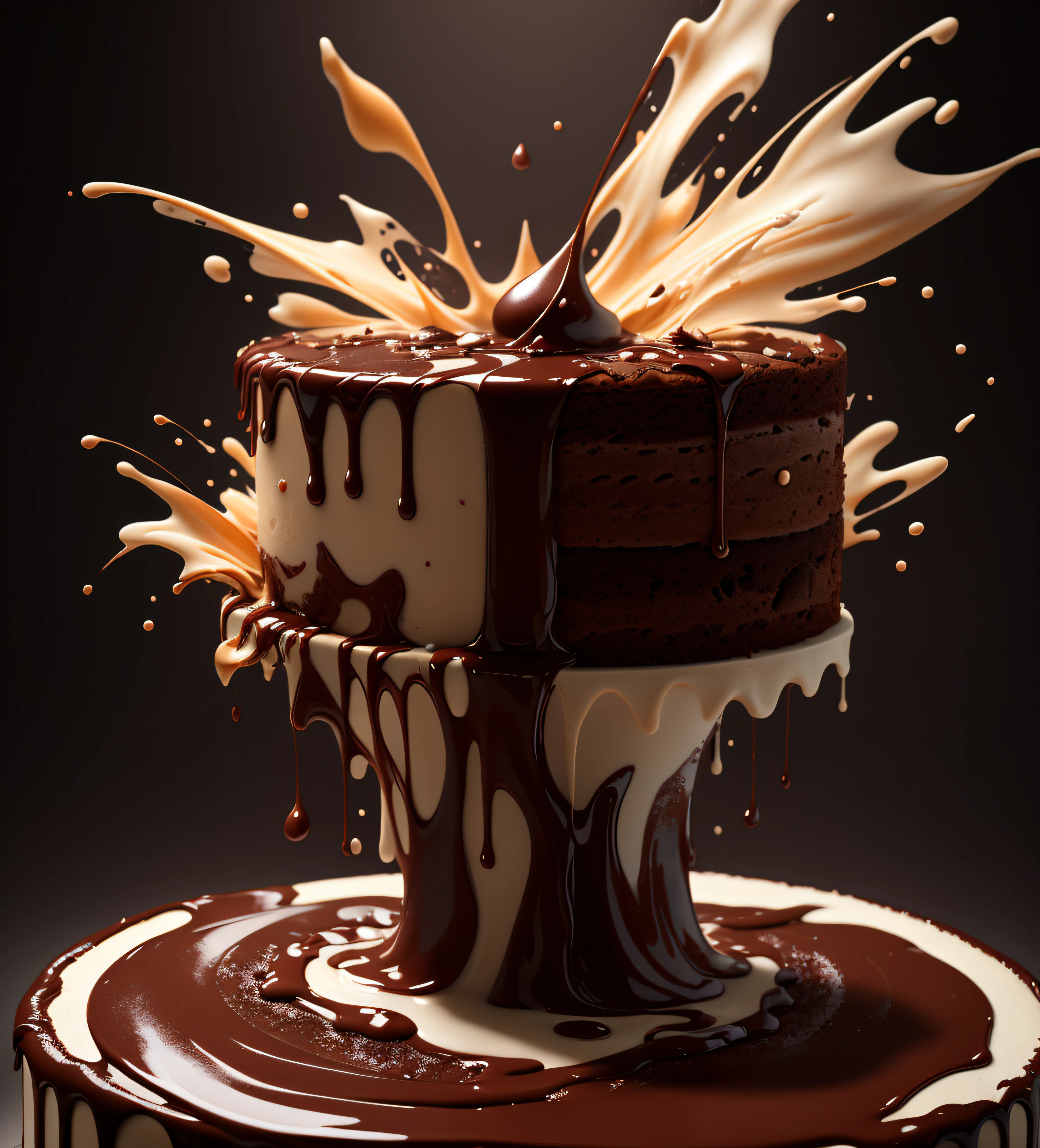 a cake, Chocolate, Liquid splashes, MERGE, melting, Splashing, Flying splashes, blending, disappear, Exploding, whirling, intricate detailes, Modelshoot style, dreamlikeart, Dramatic Lighting. 8K, Highly detailed, trend artstation