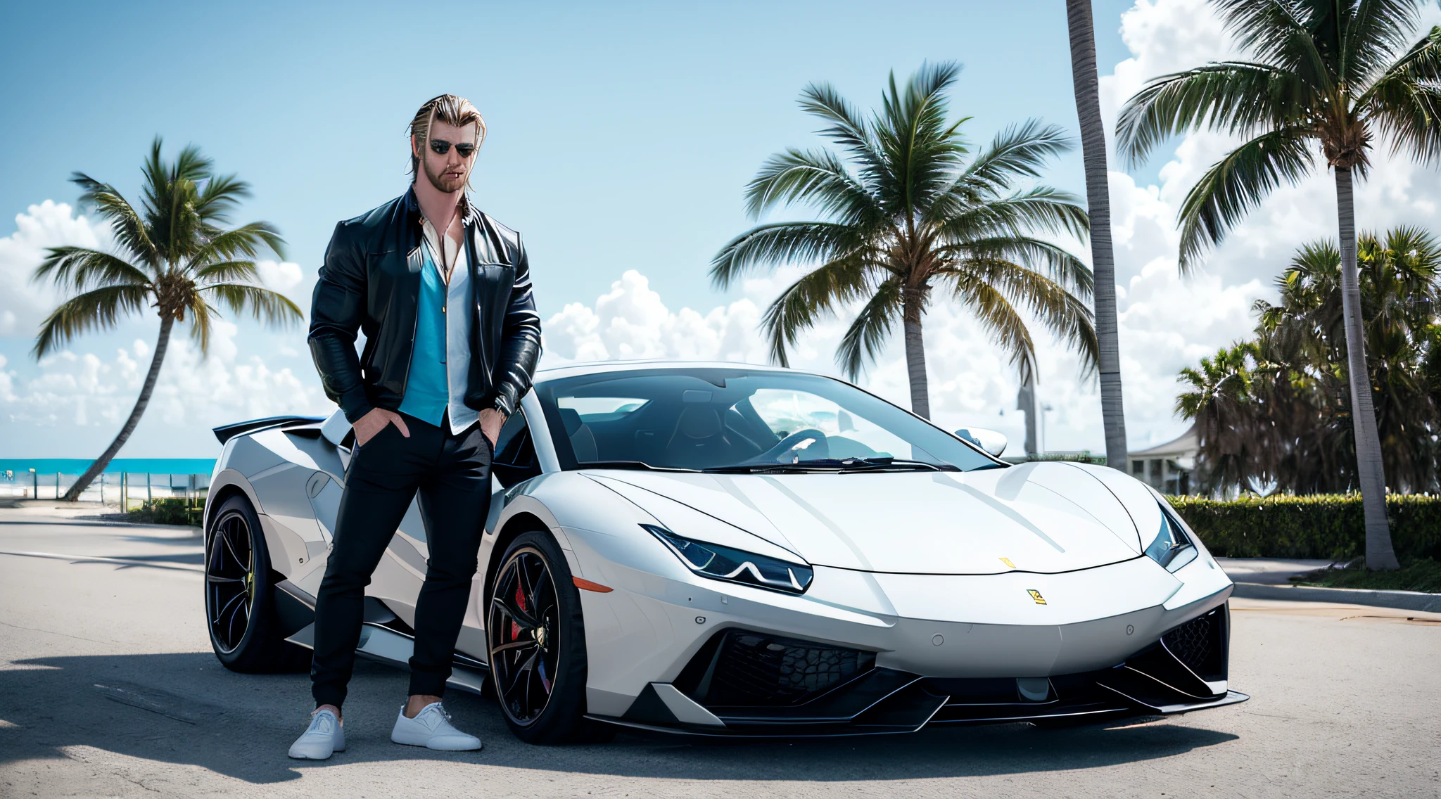 A photorealistic portrait of Chris Hemsworth, styled in a Miami Vice-inspired look, captured by Austin English in his signature minimalist style. Hemsworth wears a cobalt blue button-down shirt and matching bomber jacket, the color echoing the Miami sky behind him. His hair is tousled by the ocean breeze, and his gaze smolders with an intensity that could melt glaciers. The palm trees lining South Beach frame the shot, while a gleaming Ferrari or Lamborghini sits parked in the foreground, hinting at Hemsworth's jet-set lifestyle. The overall vibe is a blend of masculine charm, carefree luxury, and a touch of danger, reminiscent of classic 80s action movies.