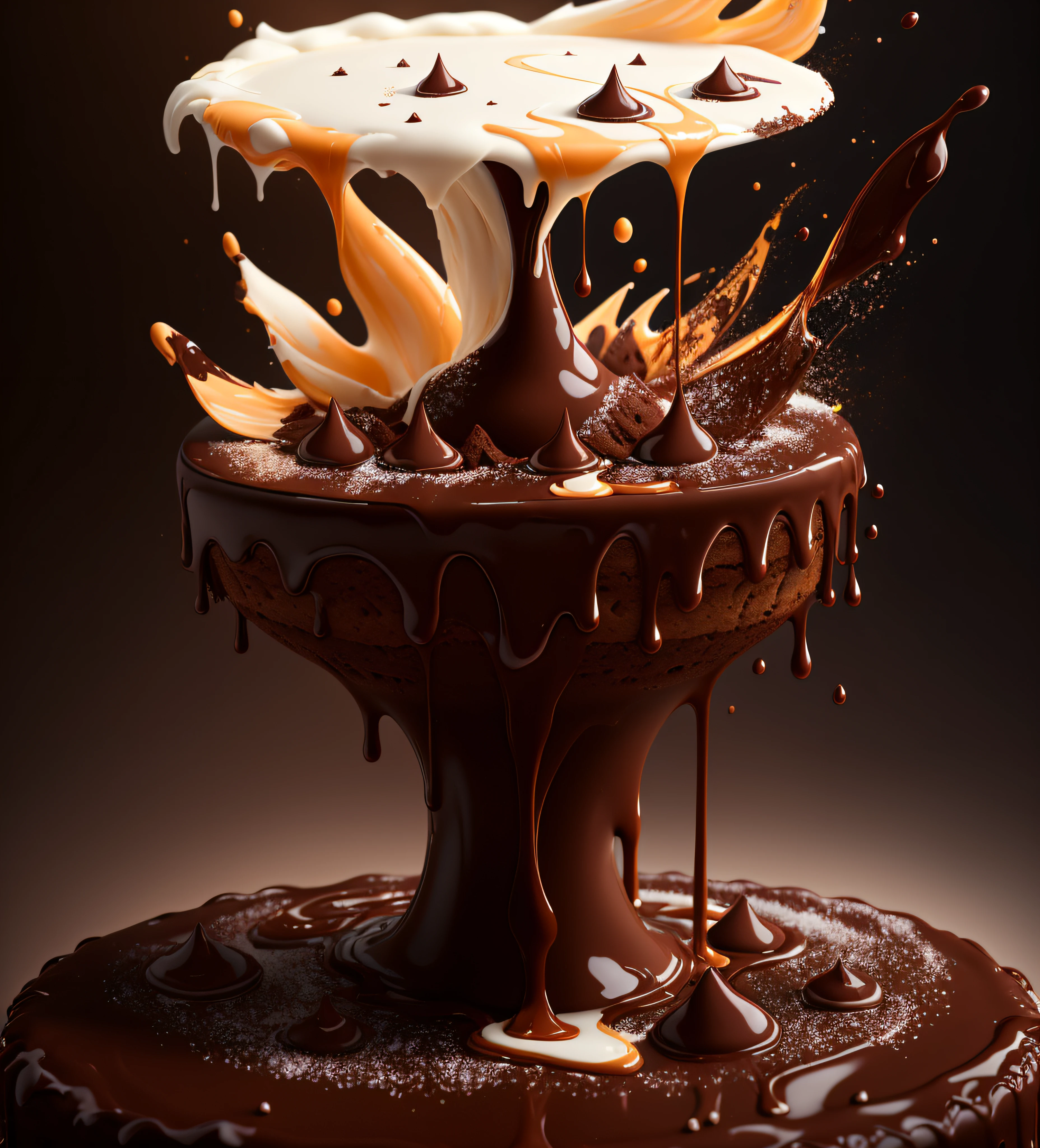 a cake, Chocolate, Liquid splashes, MERGE, melting, Splashing, Flying splashes, blending, disappear, Exploding, whirling, intricate detailes, Modelshoot style, dreamlikeart, Dramatic Lighting. 8K, Highly detailed, trend artstation