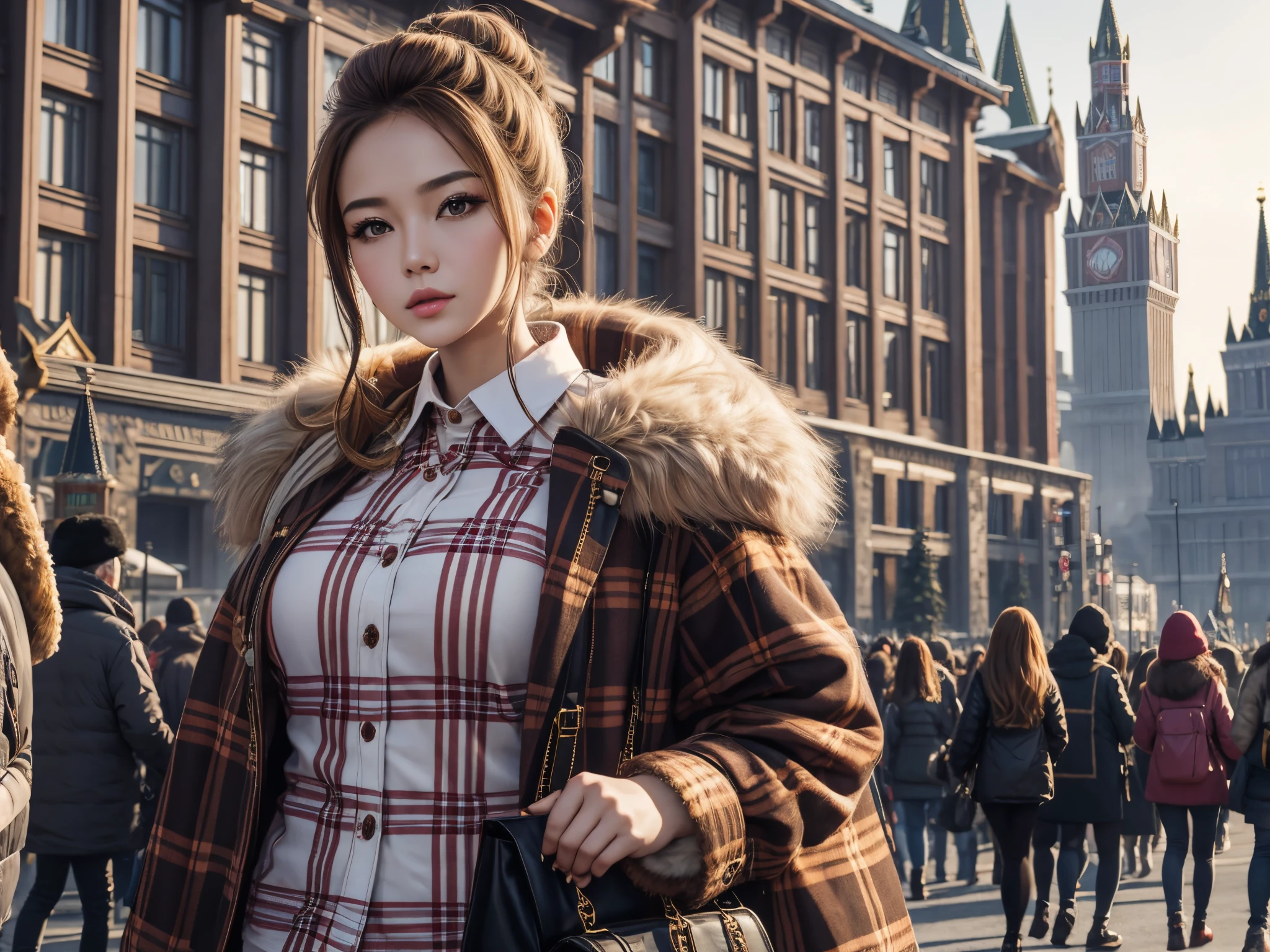 1个Giant Breast Girl, Plaid shirt, Fur coat, Kremlin background, exteriors, beehive,Best quality at best, 超高分辨率, realisticlying,