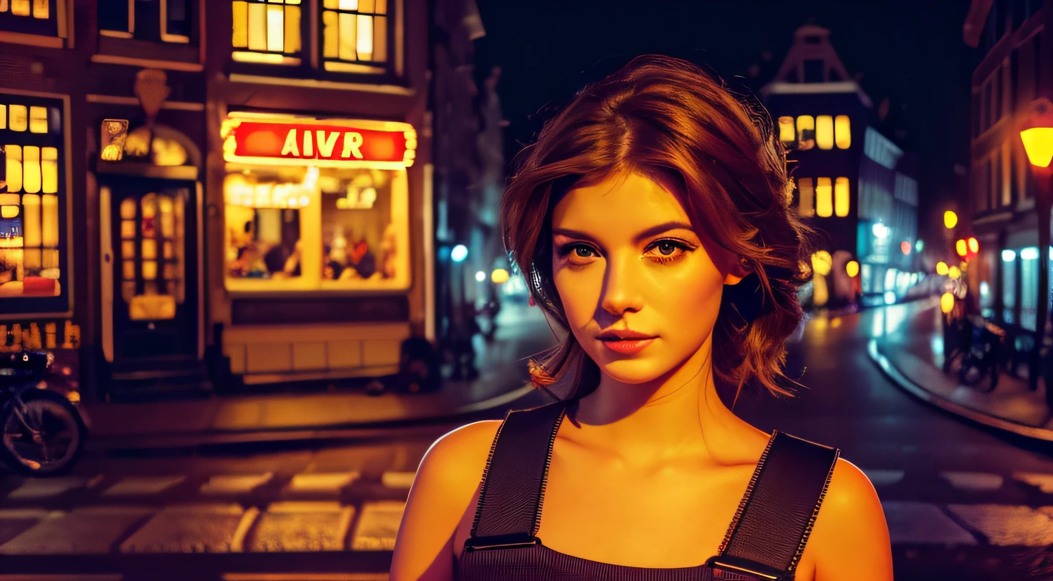 girl on the streets of amsterdam,illustratio,whore,詳細な目,詳細な唇,Long eyelashes,Beautiful appearance,confident pose, Background with,Distinctive street signs,Lively atmosphere,nighttime scene,Gritty,photorealistic colors,Vivid lighting(Best quality at best,4K,A high resolution:1.2), styled.
