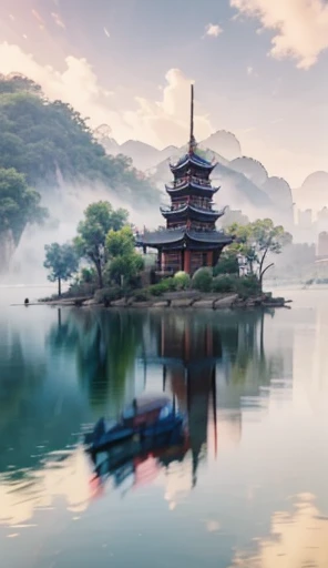 Mountain painting with a pagoda on a small island, chinese watercolor style, chinese painting style, digital painting of a pagoda, Chinese landscape, traditional Chinese watercolor painting, chinese paintings, Japan Art Style, High detail watercolor 8K, highly detailed water colour 8 k, detailed painting 4 k, author：heroes, japanese painting, author：Qu Leile