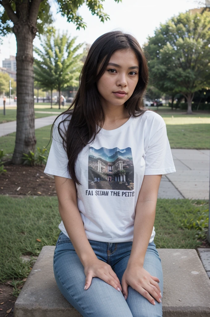 filipina, brown skin, outdoor, at the park, sitting, jeans, tshirt