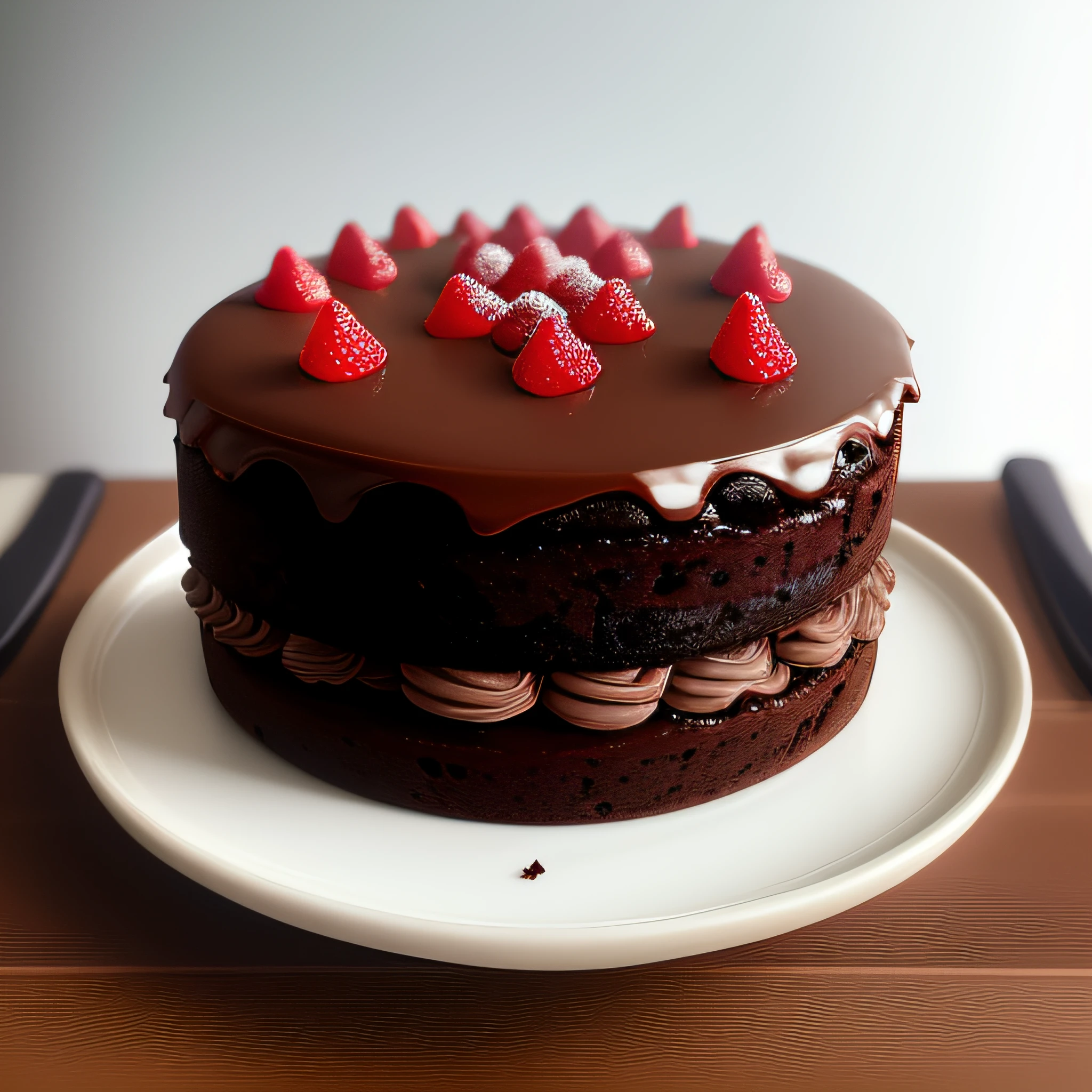 (Raw photo), masutepiece, High quality, Best Quality, chocolate cake on a plate, foodphoto, Out-of-focus background, Full view, 8K, Superior Quality.
