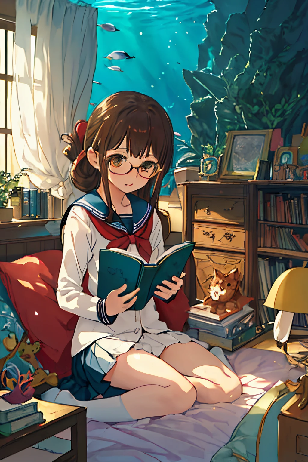 (masuter piece:1.2、top-quality)、(Live action、Intricate details)、Fantastical、library under the sea、underwater library、Girl reading a book、fish are floating、Light shines in、Beautiful、The light is beautiful、High school girl in glasses