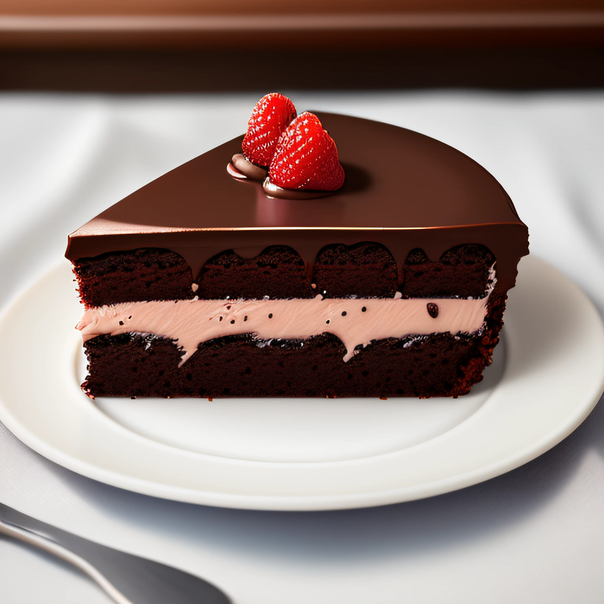 (Raw photo), masutepiece, High quality, Best Quality, chocolate cake on a plate, foodphoto, Out-of-focus background, Full view, 8K, Superior Quality.
