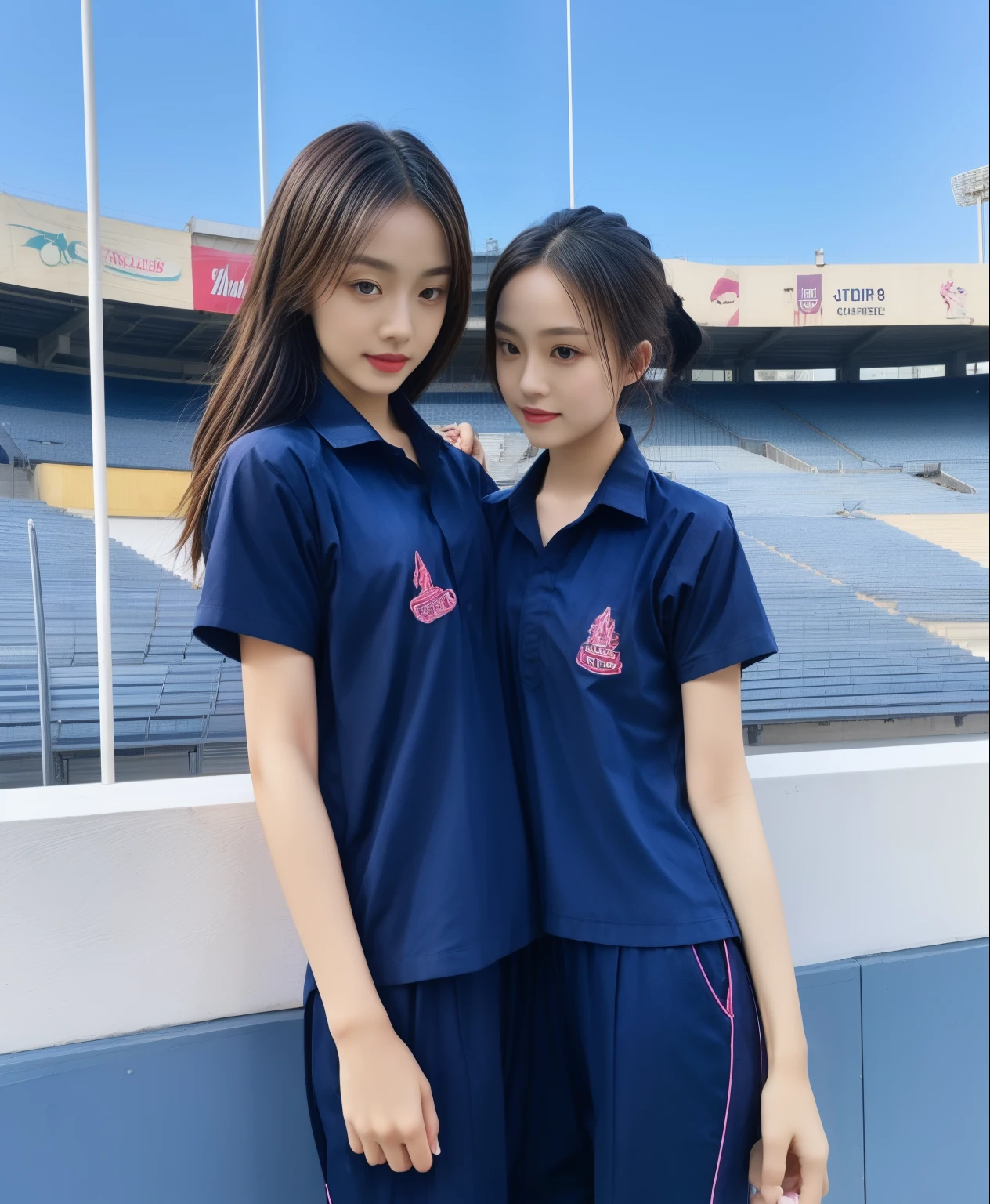 (bestquality,10,10,highres,masterpiece:1.2),ultra-detail,(Realistic,photorealistic portrait,photo-realistic:1.37),1 Cute girl in the football field,oily shiny skin,bara,light smile,BDclothelue shirt:1.3)),short sleeves,shirt, trousers.,(navy_long_Pants Track:1.1), ((Stadium Background:1.3)),dynamic angle,excited,face focus,Dynamic Poses,from behide,Ass Focus,masterpiece, bestquality, ultra realistic, hyper-detail, 8k resolution, RAW photo, crisp focus, ((Navy blue shirt:1.1)), short sleeves, Long Path, Perfect body, 2 mature women, 18yo, cinematic light,Blue sweatpants,Gymware,Correct anatomy,Complete body, Correct body, sharp face, Anatomically correct body, full entire body, Realistic gestures, long-haired, Realistic poses,Wear long shorts................................,Long leg span,Shapely,Sculpting Girl, Slender Figure, mannequin mannequins, Shapely, Beautiful body,Blue sweatpants, Two girls kissing