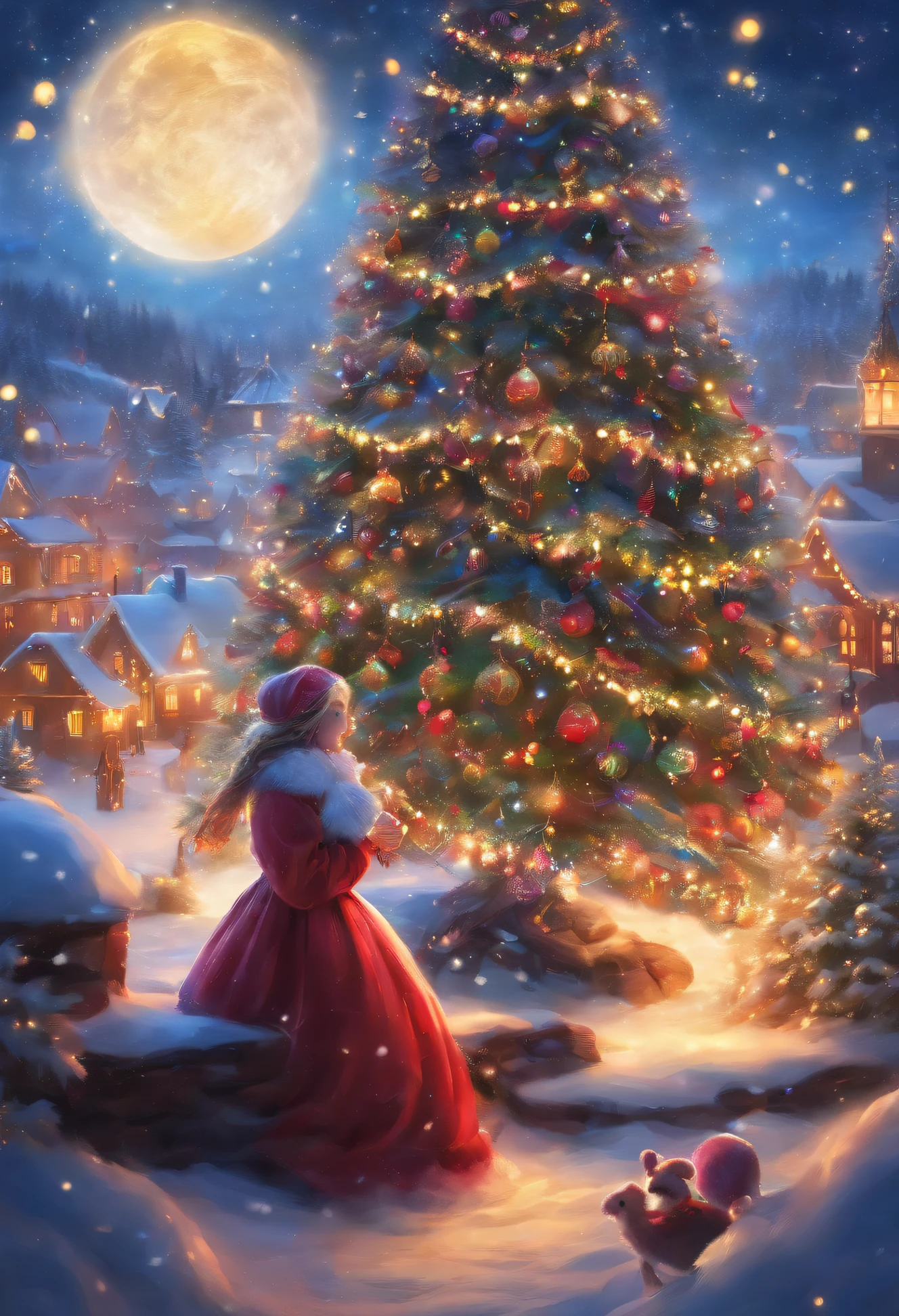 Thick white snow world，A huge 20-meter-tall Christmas tree stands in the center of the fairy tale world town，tas&#39;Full of starry lanterns，diamond，Christmas tree branches covered with thick snow，Match the lighting，The sky  still snowing，The girl clasped her hands together，Make beautiful vows in front of the Christmas tree，girl facing audience，ultra HD picture quality，Ultra-detailed depiction，Contrasting color rendering，proporções perfeitas，dream love beautiful，逼真光线，Uptrend，tmasterpiece，handwriting，8K，Cinematic texture，complicated decoration，Christmas close-up，Close view of couple under tree，Christmas tree close up，increase the brightness，Picture ultra high definition