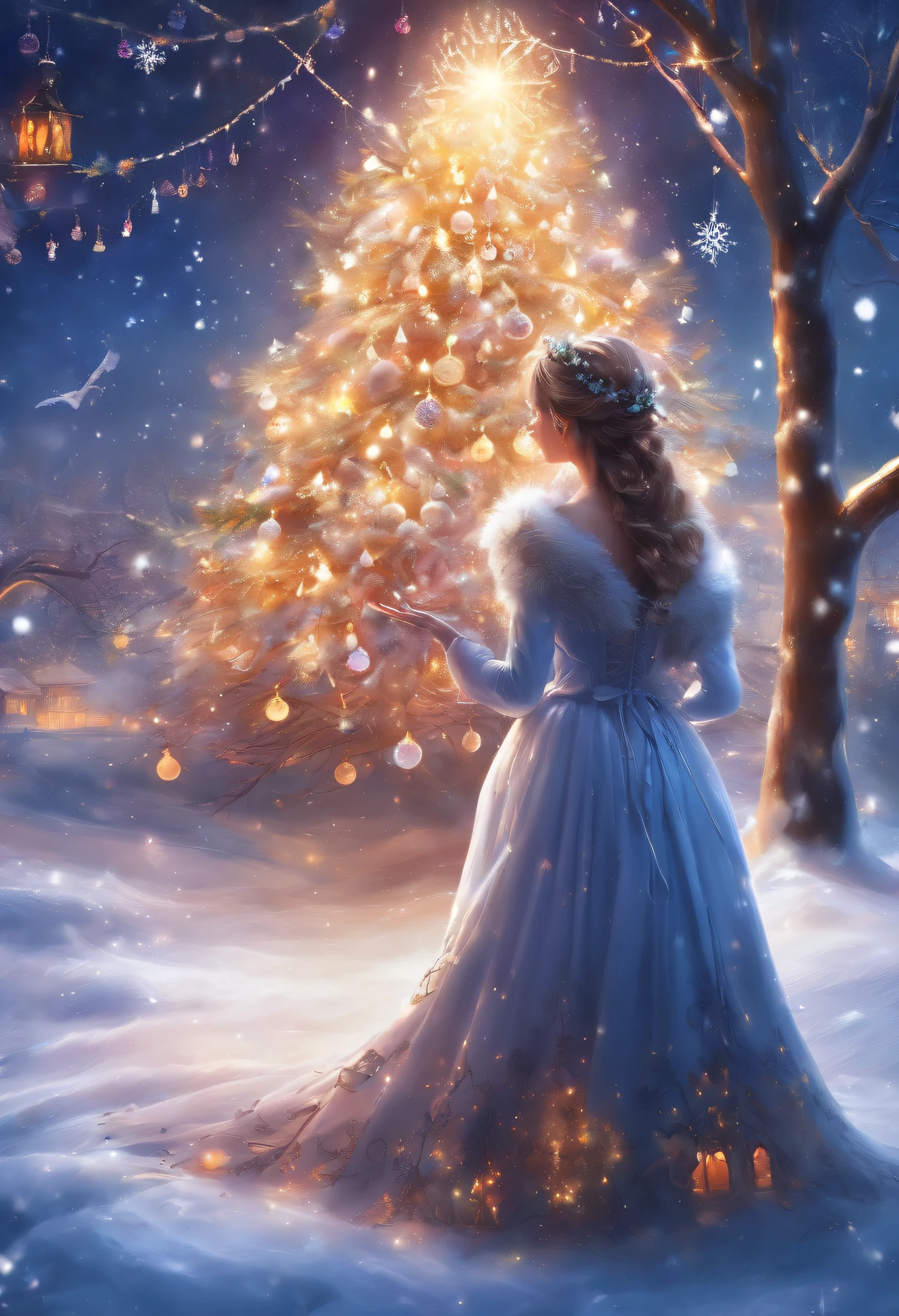 Thick white snow world，A huge 20-meter-tall Christmas tree stands in the center of the fairy tale world town，tas&#39;Full of starry lanterns，diamond，Christmas tree branches covered with thick snow，Match the lighting，The sky  still snowing，The girl clasped her hands together，Make beautiful vows in front of the Christmas tree，girl facing audience，ultra HD picture quality，Ultra-detailed depiction，Contrasting color rendering，proporções perfeitas，dream love beautiful，逼真光线，Uptrend，tmasterpiece，handwriting，8K，Cinematic texture，complicated decoration，Christmas close-up，Close view of couple under tree，Christmas tree close up，increase the brightness，Picture ultra high definition