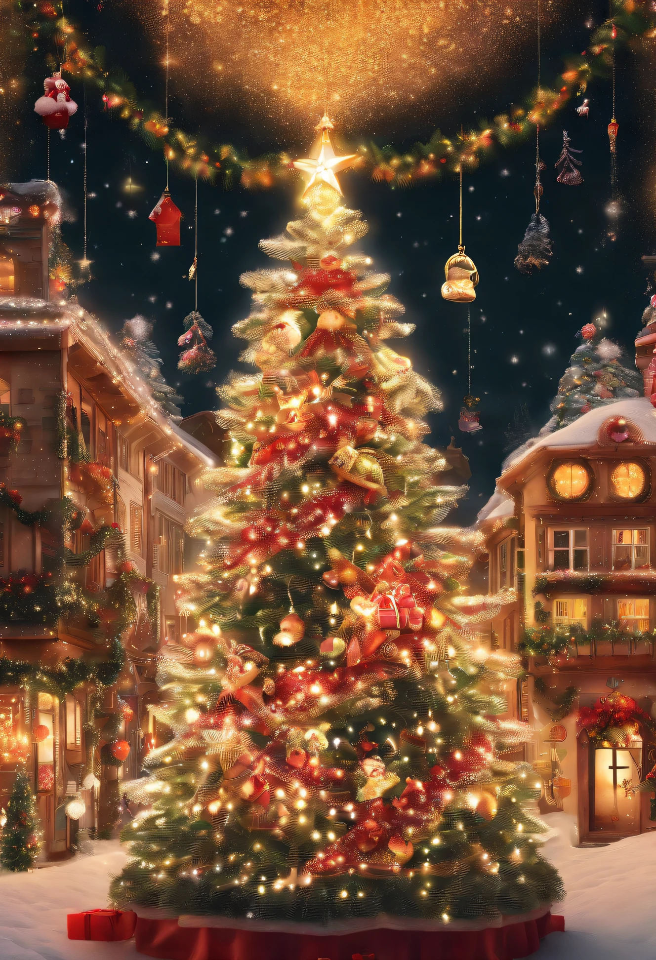 Thick white snow world，A huge 20-meter-tall Christmas tree stands in the center of the fairy tale world town，tas&#39;Full of starry lanterns，diamond，Christmas tree branches covered with thick snow，Match the lighting，The sky  still snowing，The girl clasped her hands together，Make beautiful vows in front of the Christmas tree，girl facing audience，ultra HD picture quality，Ultra-detailed depiction，Contrasting color rendering，proporções perfeitas，dream love beautiful，逼真光线，Uptrend，tmasterpiece，handwriting，8K，Cinematic texture，complicated decoration，Christmas close-up，Close view of couple under tree，Christmas tree close up，increase the brightness，Picture ultra high definition