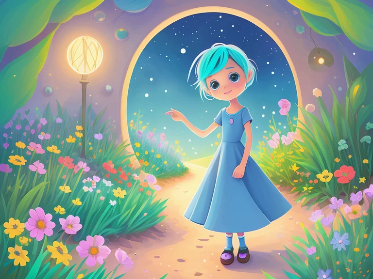 ery cute illustration for a children's picture book, Dreamy, the little star child, discovered a magical garden.,,blue hair,Muted or Subdued Illustration Styles, Digital Painting, by Pixar style