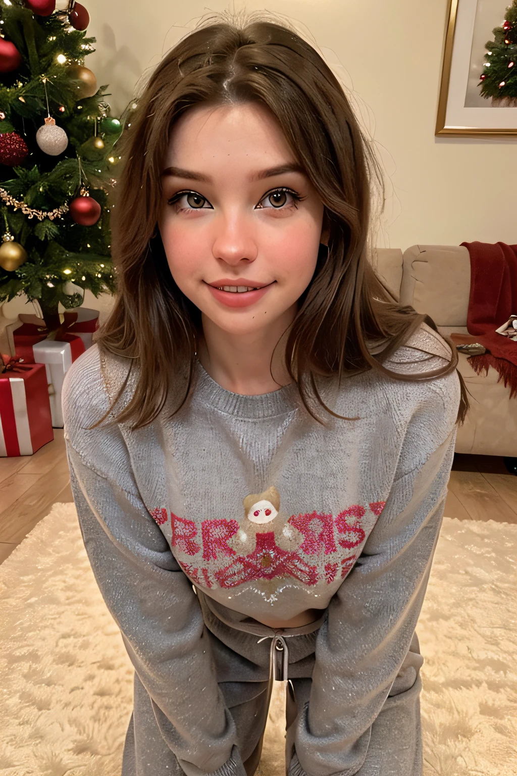 selfie of belledel, no makeup, next to christmas tree, detailed eyes, braces, (christmas sweater, grey sweatpants, loose hair), (lightbrown hair), taken on an old camera, low res, flash photography, grainy, full body