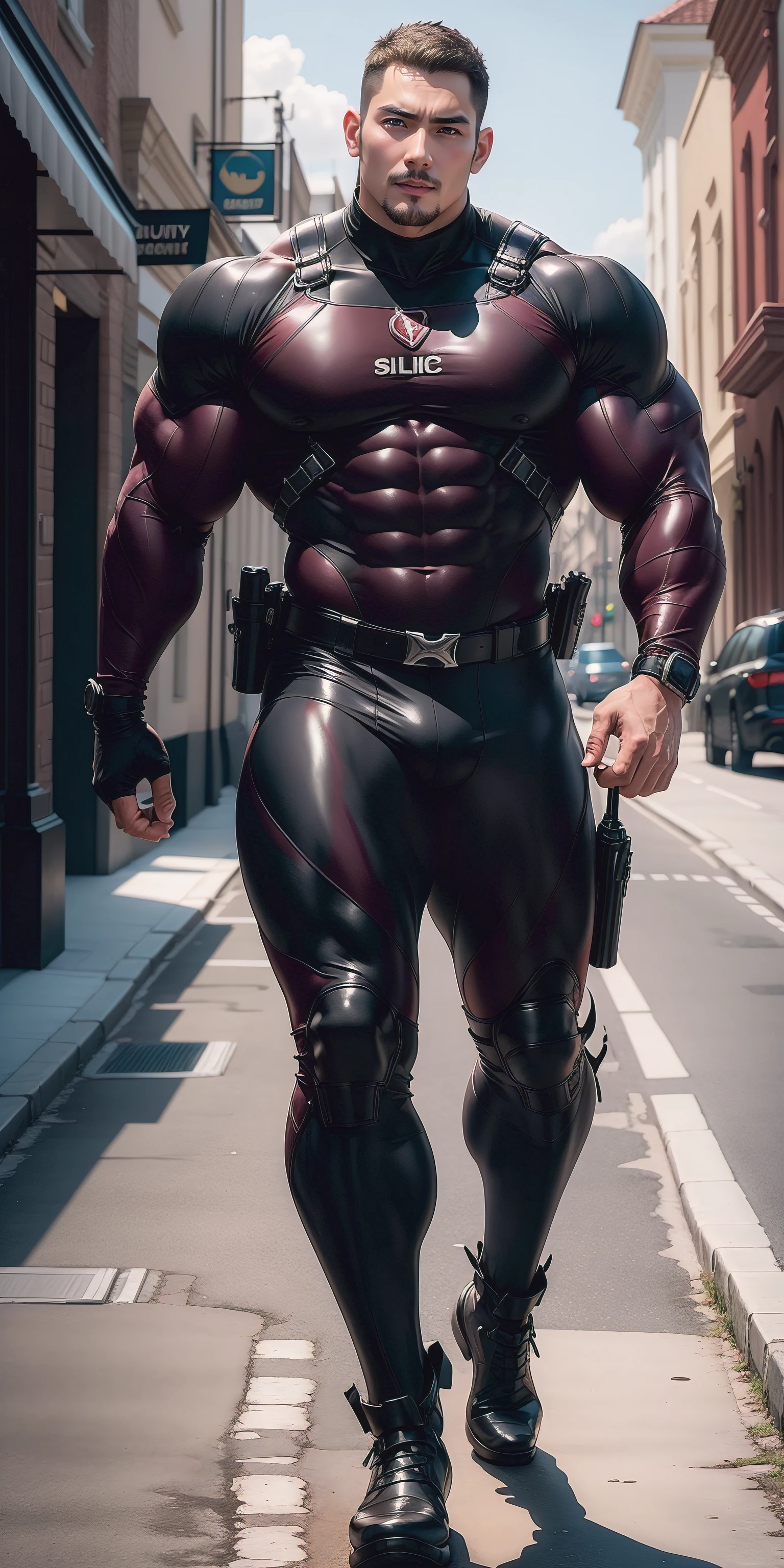 The 2-meter-tall muscular man opened his mouth and screamed,senior police officer,character design(Resident Evil - Chris Redfield,Chris Redfield)Wearing a shiny burgundy wetsuit,High leather texture,Regular symmetrical texture pattern,Stand on a sunny street, A lot of silty silt,expression sad,The male protagonist with a deep and charming brown pupil in his right eye,heroic masculine pose,Tall and burly,Muscular!Sexy and attractive leg muscles,tall, Burly, and strong, Wearing a shiny burgundy wetsuit, Super gain and cool, commission for high resolution, Big feet wearing dark black boots,Charming strong man,Bright sunlight shines on the body,Reflective and shiny