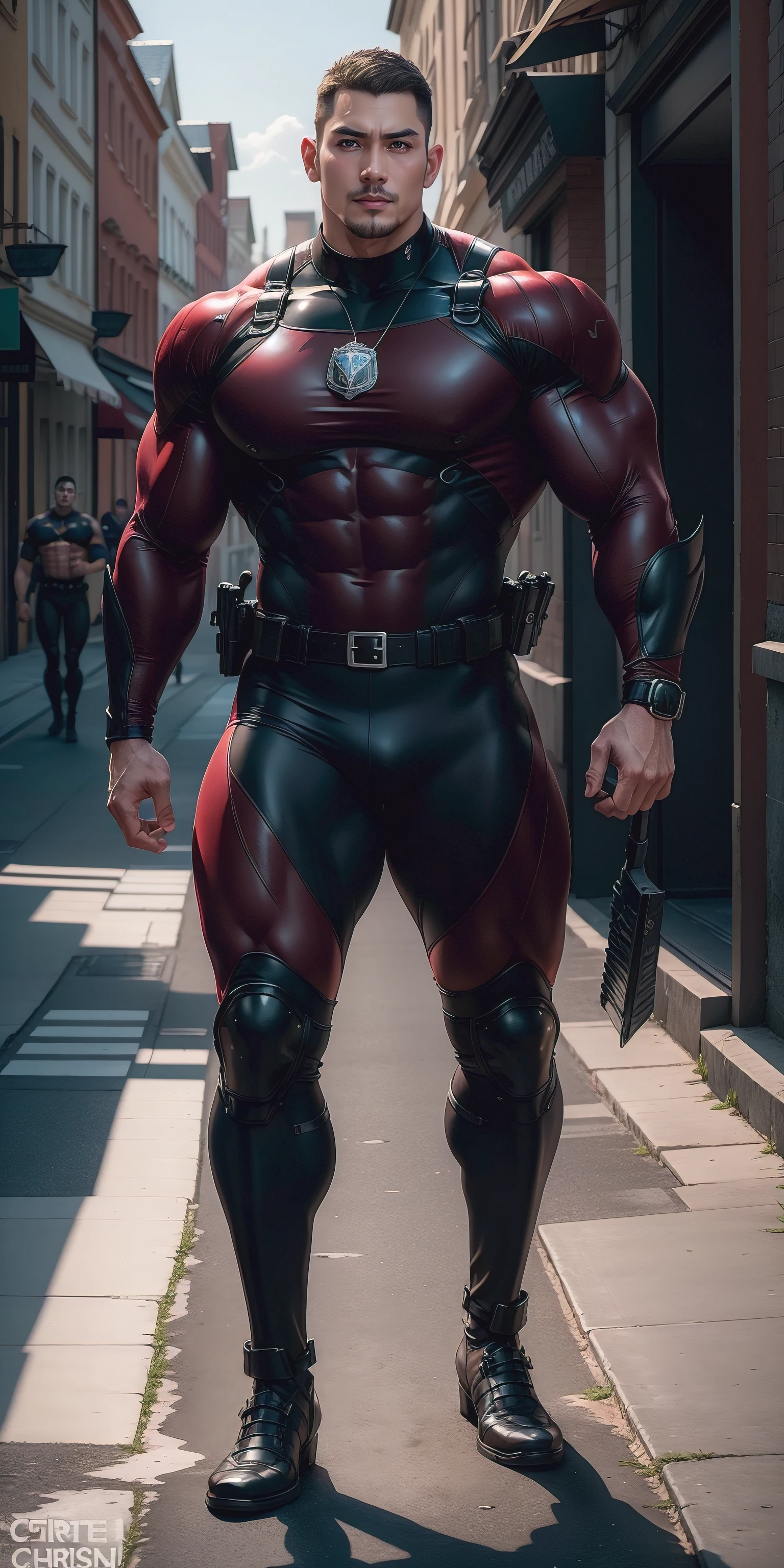 The 2-meter-tall muscular man opened his mouth and screamed，senior police officer，character  design（Resident Evil - Chris Redfield，Chris Redfield）Wearing a shiny burgundy wetsuit，High leather texture，Regular symmetrical texture pattern，Stand on a sunny street, A lot of silty silt，expression sad，The male protagonist with a deep and charming brown pupil in his right eye，heroic masculine pose，Tall and burly，Muscular！Sexy and attractive leg muscles，tall, Burly, and strong， Wearing a shiny burgundy wetsuit， Super gain and cool， commission for high resolution， Big feet wearing dark black boots，Charming strong man，Bright sunlight shines on the body，Reflective and shiny