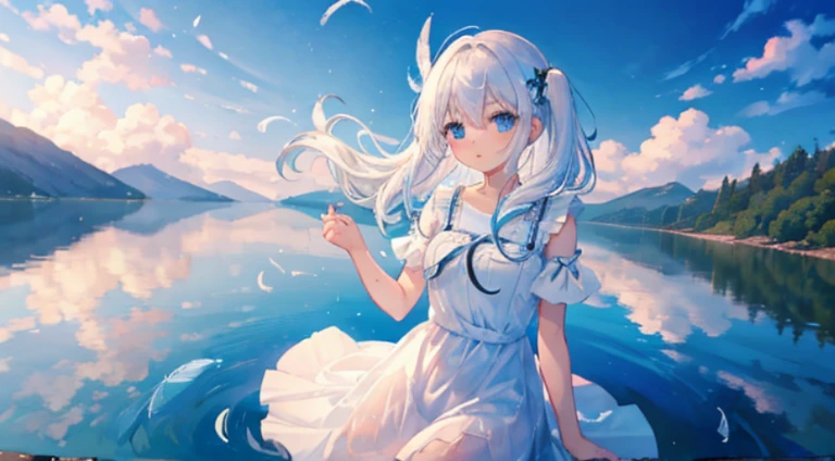 One girl、Lake Uyuntan on its knees、wish、Shoku、fit hand beautiful sky、a lot of feathers、water reflections、Evening glow、ren、cute little、white  hair、Fluttering hair、White Dress、short sleeve weather falling into water、Blue eyes