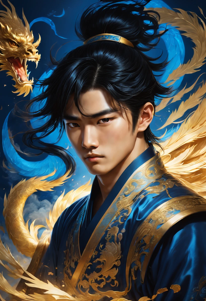This  a delicate and intricate fantasy portrait，depicts a burly figure、Steadfast、An energetic seventeen-year-old man。, There&#39;s a huge bright blue light behind him, shiny black hair, Dragons and phoenixes fly, gold light, Chinese martial arts style.