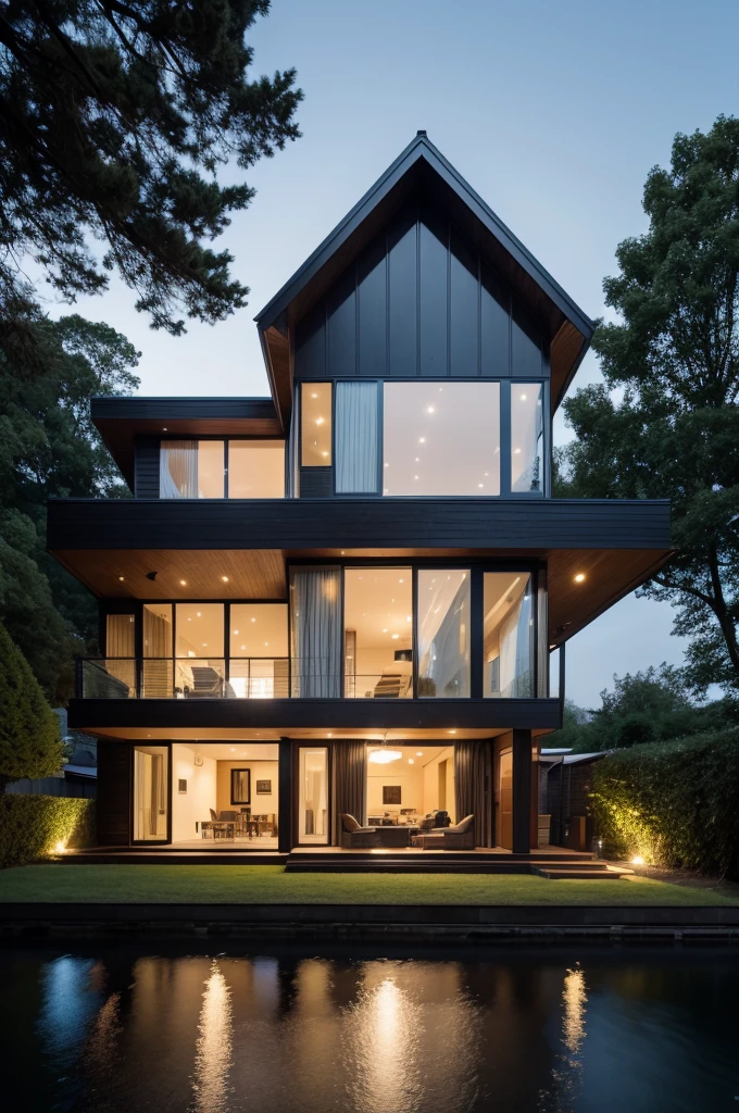 mordenhouse, white house, side of a river, modern craftsman house , dynamic (RAW photo, real, best quality, masterpiece:1.2), detailed, (hyper realistic, photo-realistic:1.2), high quality, (dark lighting:1.2), perfect lighting, archdaily