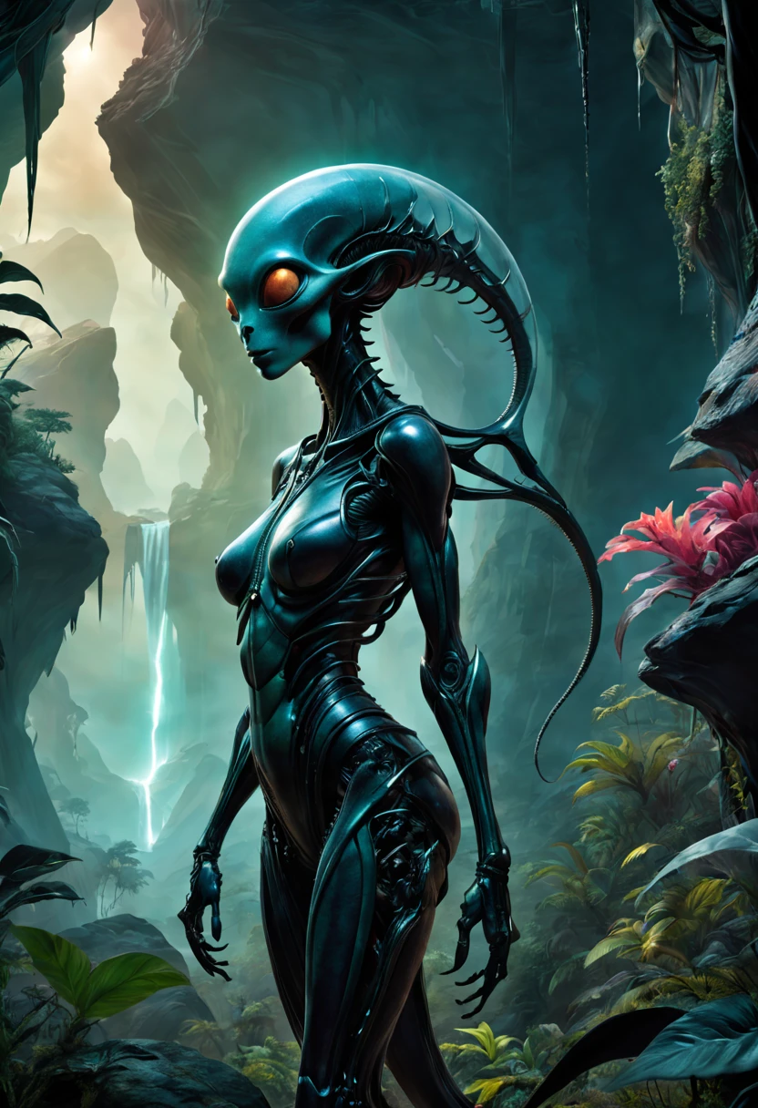 Beautiful female alien, Realisticstyle, organism, sci-fy, Dark, Smooth texture, Shiny exoskeleton, Biomechanical design, elongated head, elongated chin, dentes pontiagudos, Sharp black eyes, long slim figure, Biomechanical tail, Translucent film, spooky ambiance, lush alien landscape, Vibrant flora, Mysterious rock formations, Ambient lighting, waterfallr, ethereal mist, Distant alien sky, Fascinating celestial bodies