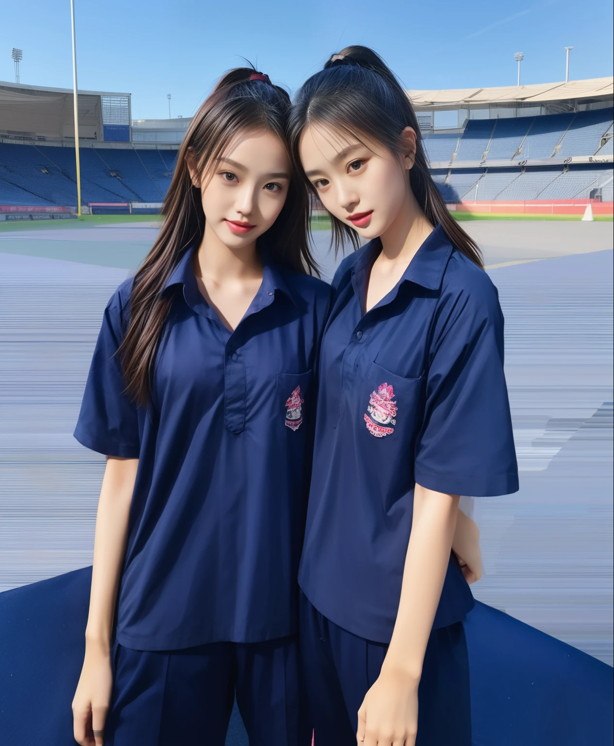 (bestquality,10,10,highres,masterpiece:1.2),ultra-detail,(Realistic,photorealistic portrait,photo-realistic:1.37),1 Cute girl in the football field,oily shiny skin,bara,light smile,BDclothelue shirt:1.3)),short sleeves,shirt, trousers.,(navy_long_Pants Track:1.1), ((Stadium Background:1.3)),dynamic angle,excited,face focus,Dynamic Poses,from behide,Ass Focus,masterpiece, bestquality, ultra realistic, hyper-detail, 8k resolution, RAW photo, crisp focus, ((Navy blue shirt:1.1)), short sleeves, Long Path, Perfect body, 2 mature women, 18yo, cinematic light,Blue sweatpants,Gymware,Correct anatomy,Complete body, Correct body, sharp face, Anatomically correct body, full entire body, Realistic gestures, long-haired, Realistic poses,Wear long shorts......................................,Long leg span,Shapely,Sculpting Girl, Slender Figure, mannequin mannequins, Shapely, Beautiful body,Blue sweatpants, Two girls kissing